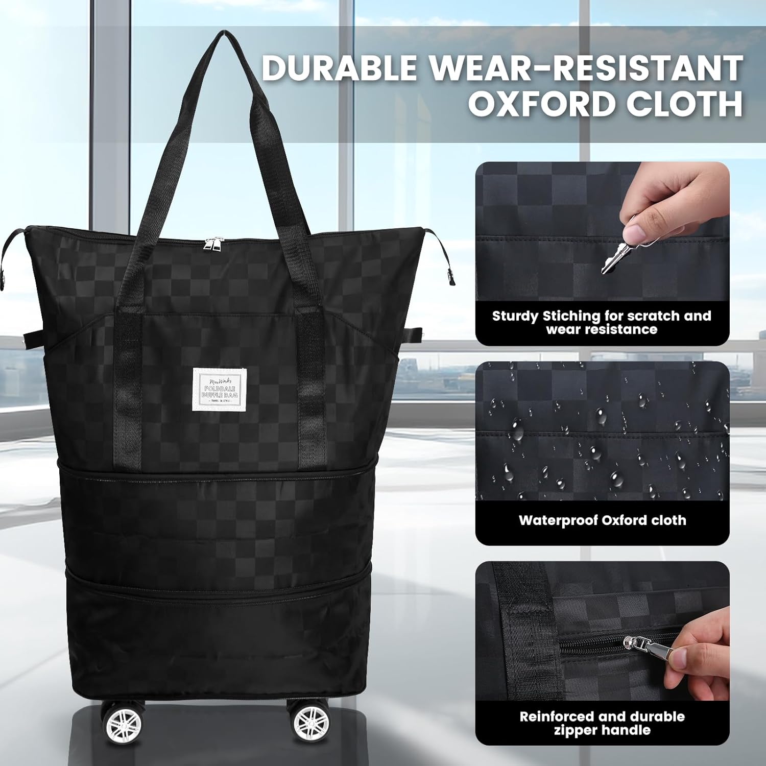 MaxWorks 51004 Foldable Travel Bag with Removable Rolling Wheels Large Carry On Suitcase Adjustable Size 25L to 55L for Gym Camping Business Trips Checkerboard Black