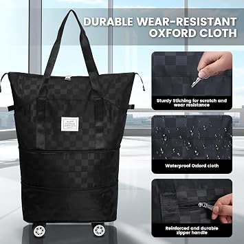 MaxWorks Foldable Travel Duffel Bag with Removable Spinner Wheels - Expandable 25L to 55L Carry-On for Gym Camping Business Trips - Checkerboard Black (51004)