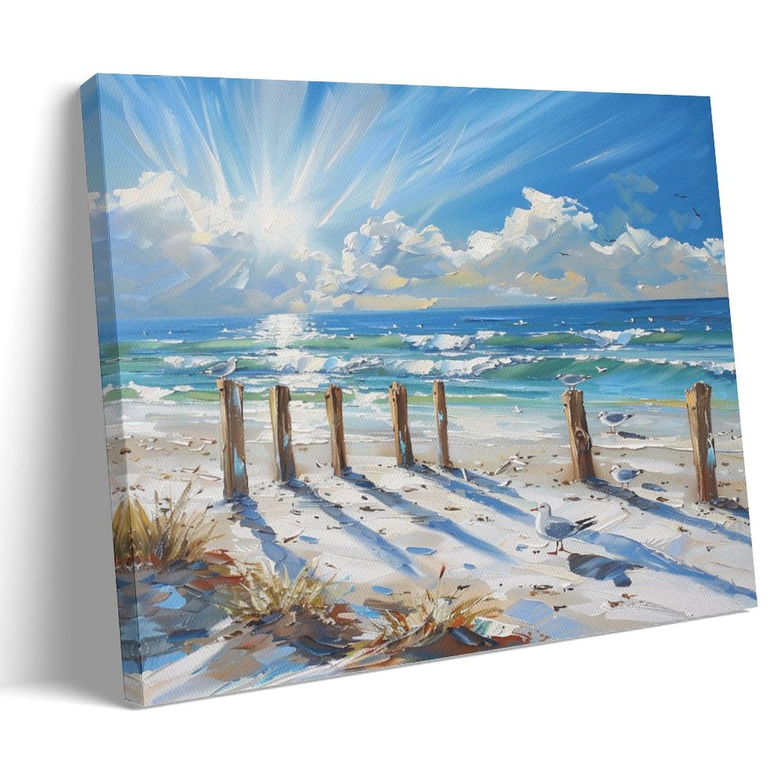 FYFMUSHE Colorful Sea View Canvas Wall Art Paintings Natural Blue Beach Seagulls Abstract Pictures on Canvas Prints Framed Ready to Hang Artwork for Bedroom Home Decor 08x12inch(20x30cm)