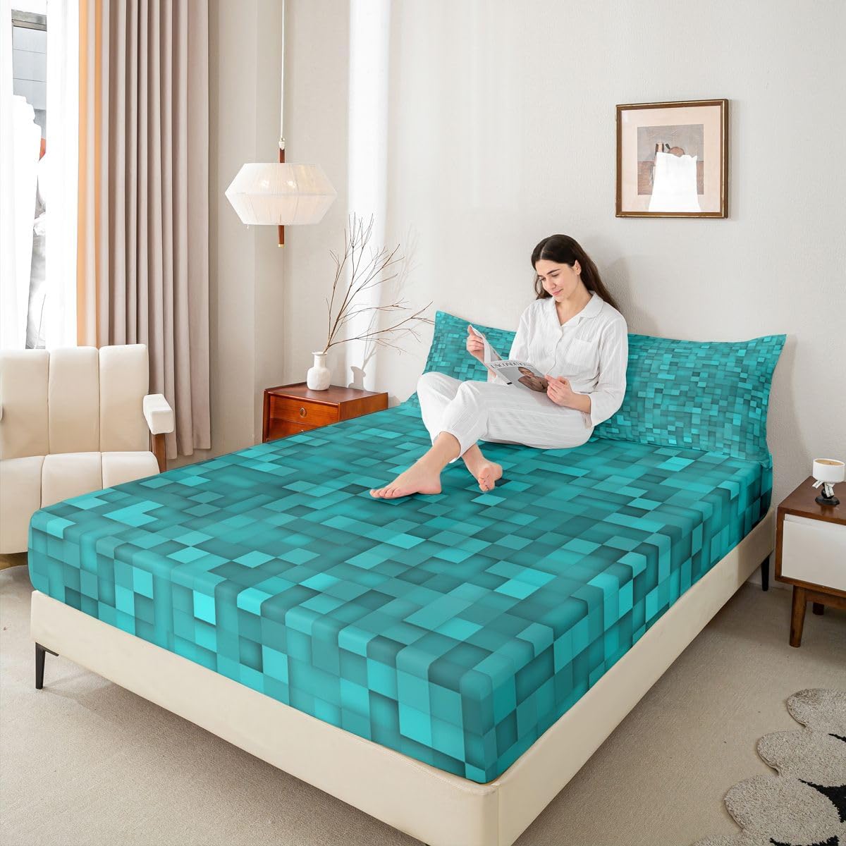 Manfei Pixelated Miners Game Bed Sheets Full Size,Geometric Check Videogame Easy Wash Bedding Set,Gamepad Grid Modern Gaming Boys Girls Room Decor,Teal Sheet(Fitted+Flat+2 Pillowcases) image 5