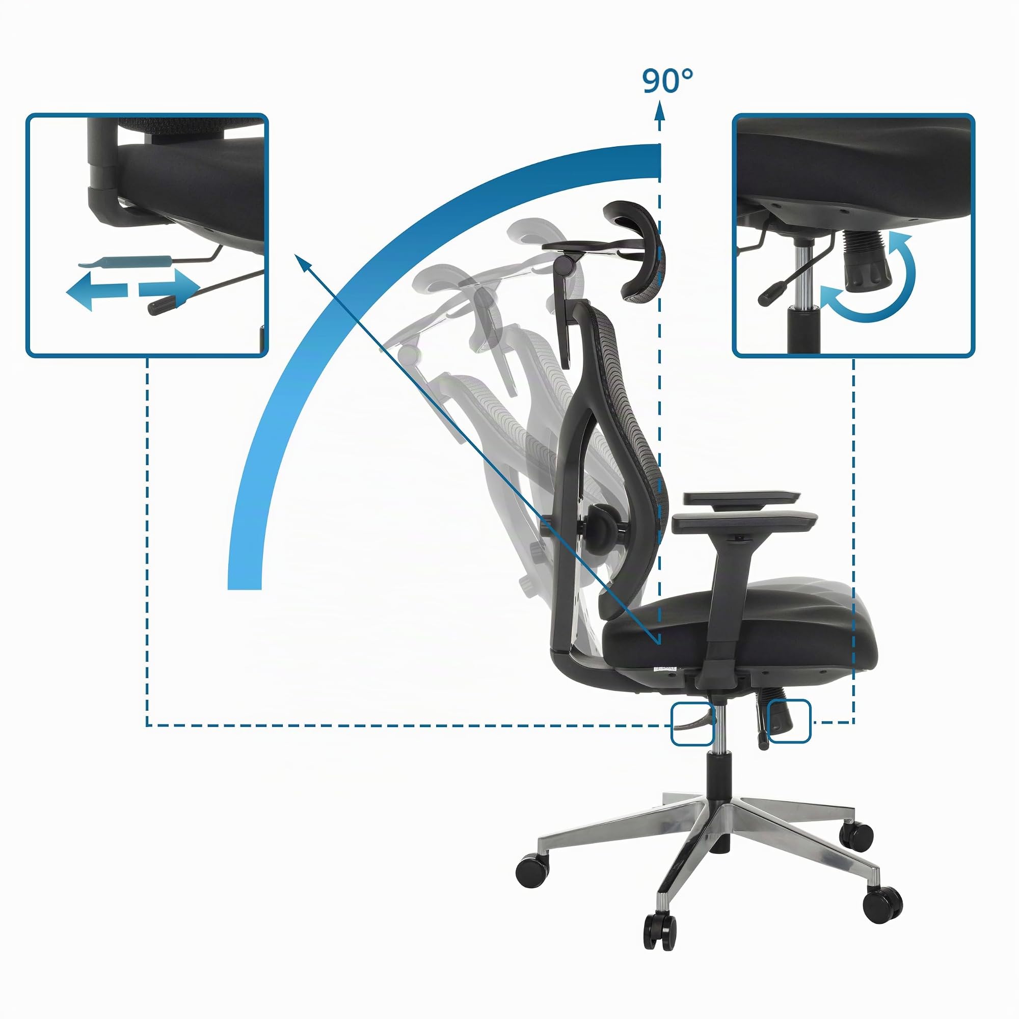 hjh OFFICE Bürostuhl ergonomisch CASSILIS B Netz Drehstuhl, Verstellbare Rückenlehne mit Lendenstütze, Körpergröße bis 220 cm, Schwarz