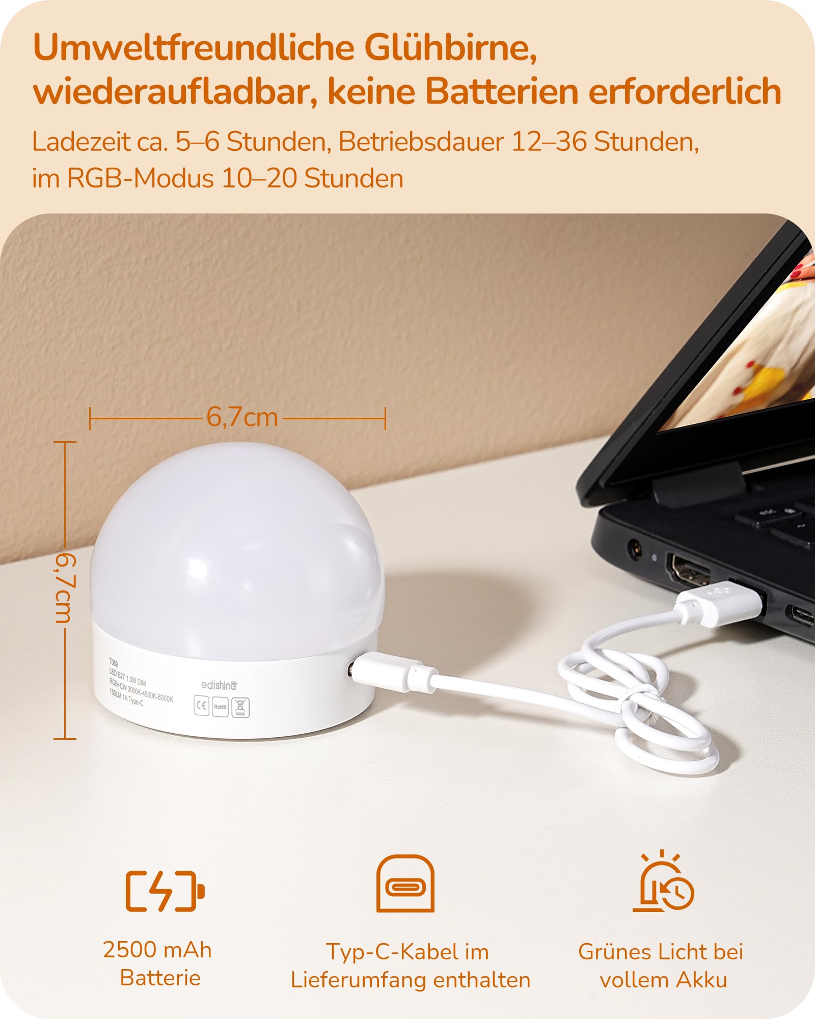 EDISHINE 2er Set Akku Wandleuchte Innen, RGBW LED dimmbar, Weiß & Bronze | E27 inkl. LED, kabellos, USB-C aufladbar, Fernbedienung, 12 Farben, 2 Modi, 3 Farbtemperaturen