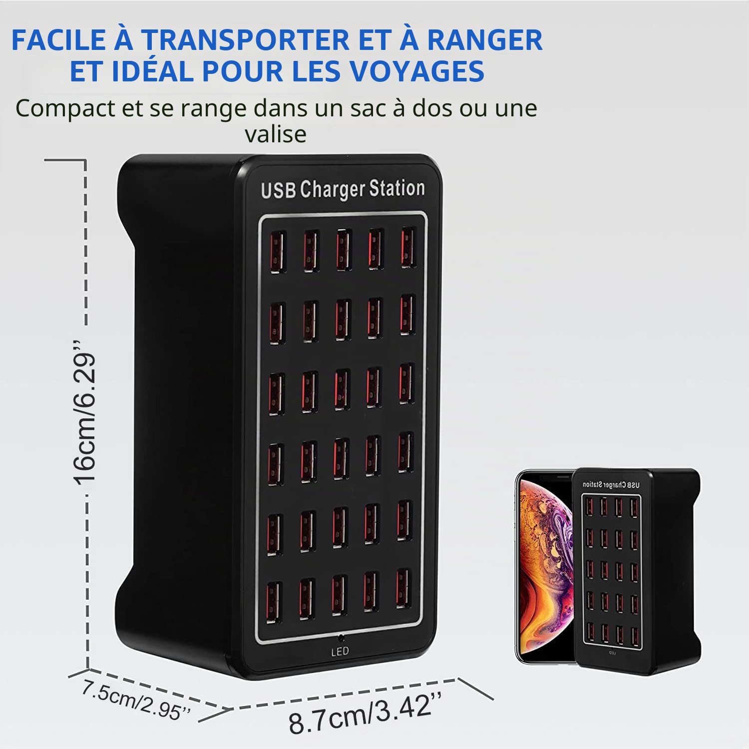 Chargeur USB 30 Ports,150W/30A Chargeur USB intelligent, Hub de charge de bureau 30 en 1, Station de charge multi-ports Organisateur pour Samsung/iPhone/iPad/Google Pixel/Tablettes et électronique USB