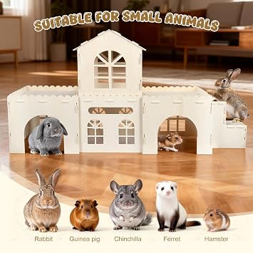 Extra Large Wooden Rabbit Castle | 5-in-1 Luxury Bunny House & Hideout with Stairs | Detachable Indoor Playhouse for Rabbits, Guinea Pigs, Chinchillas, Hamsters | Easy Assemble Pet Habitat