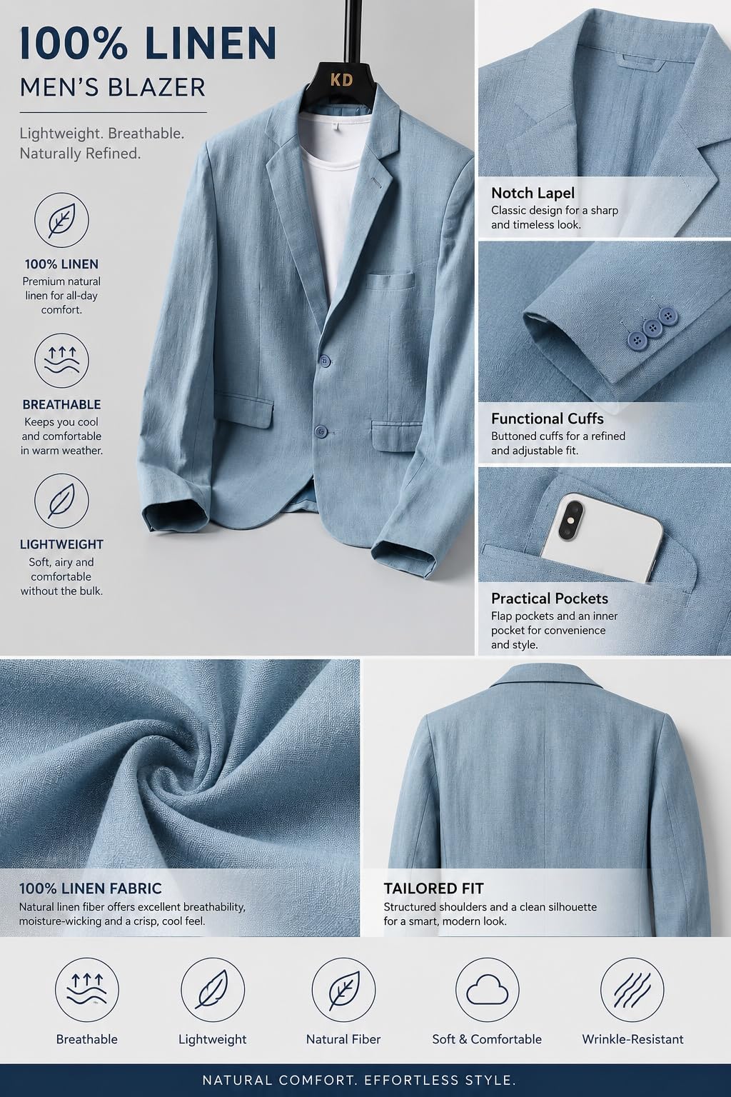 Costumes Et Vestes Homme Blazer Homme 100% Lin Veste Élégante Et Décontractée À Deux Boutons en Pur Lin Coupe Ajustée Veste Sport avec Poches Doublure Légère Idéale pour Les Affa
