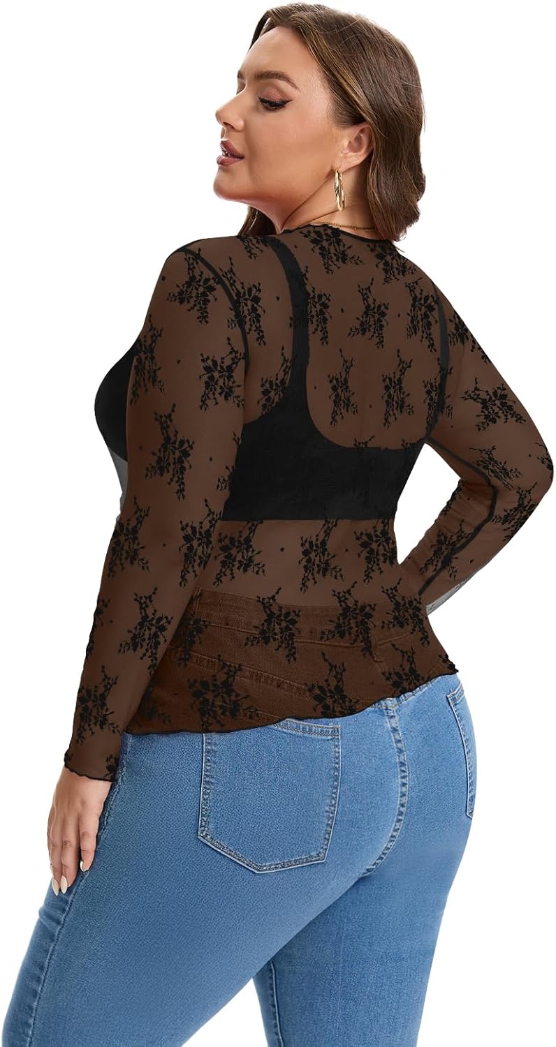 AYIFU Women's Lace Mesh Top Sheer Plus Size See Through Floral Long Sleeve Mock Neck Blouse Tops - Image 3