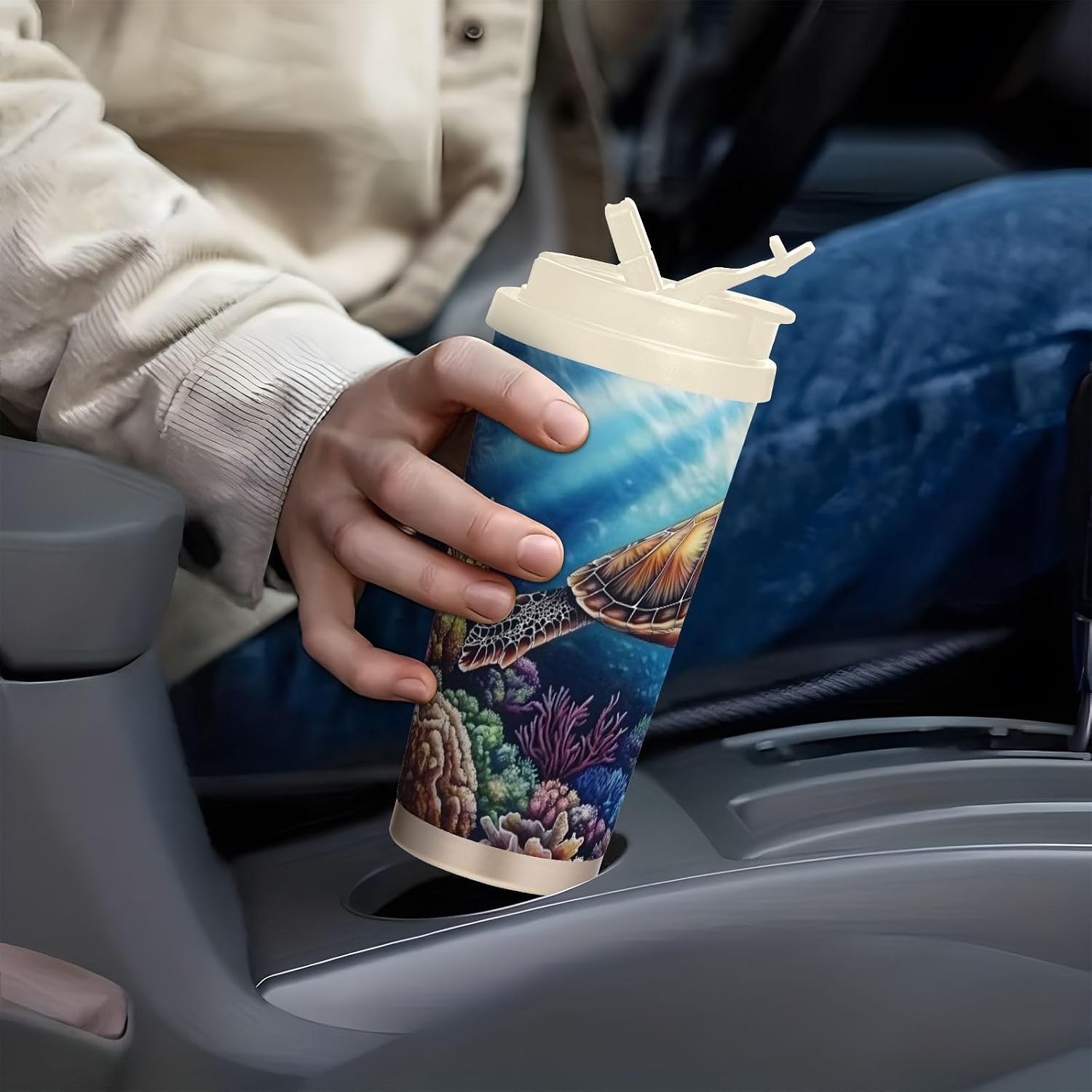 Sea Turtle Underwater Insulated Coffee Mug with Straw & Flip Lid, 16.9oz Iced Tumbler Cup, Double Wall Vacuum Leak-Proof Mug for Travel Office