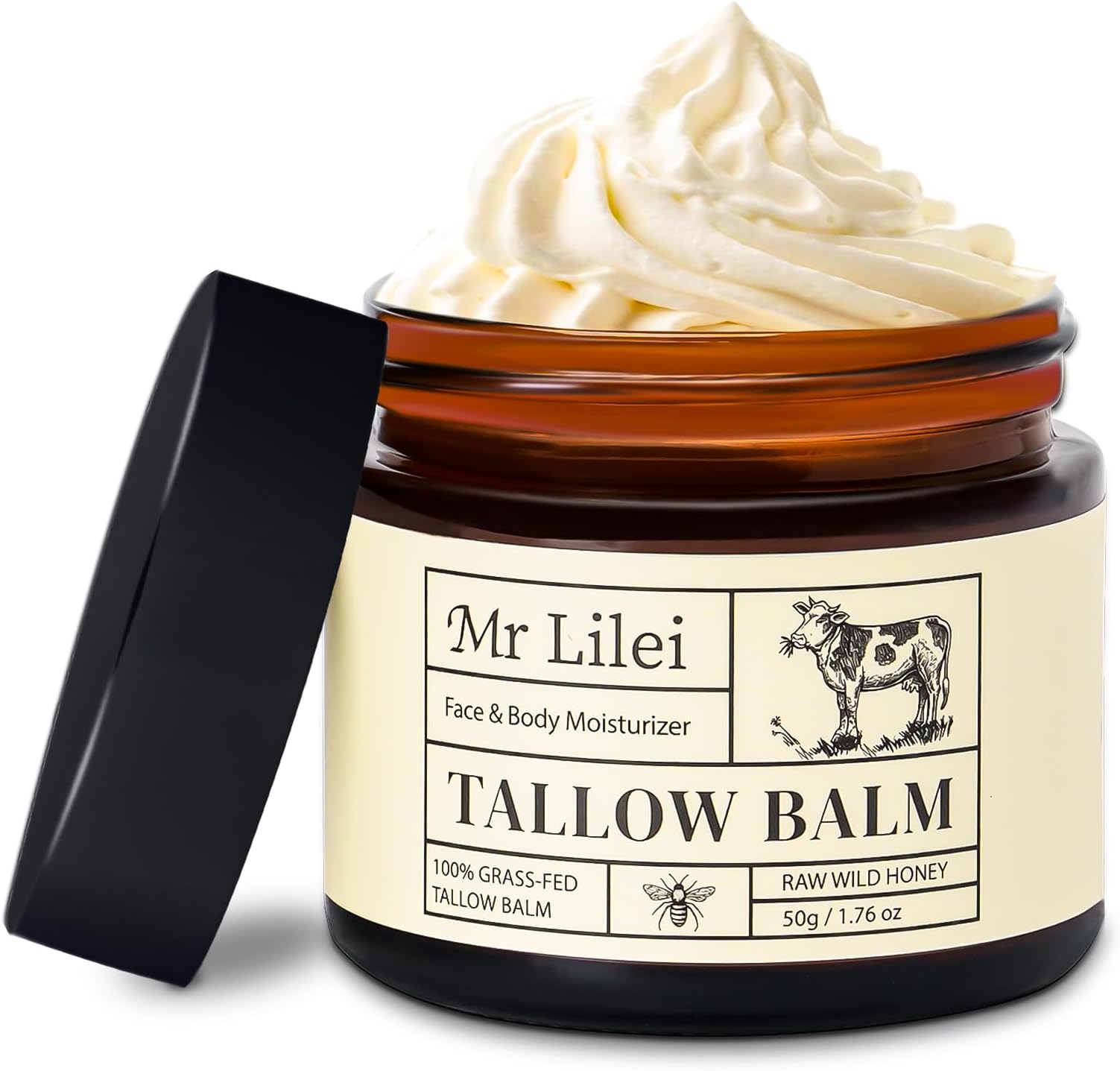 Grass-Fed Beef Tallow Balm for Skin with Raw Honey - Face & Body Moisturizer - Natural Whipped Skin Care Cream for Dry Skin- Hydrating Body Lotion for Nourishment (50g/1.76oz)