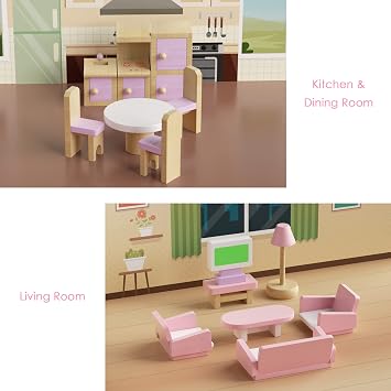 Wooden Dollhouse Furniture Set, 5 Room Kit 22 Piece Miniature Wood Accessories, Including Kitchen, Dining Room, Living Bedroom, Bathroom Playhouse Family Figures Play Toy, Pink (WT06)