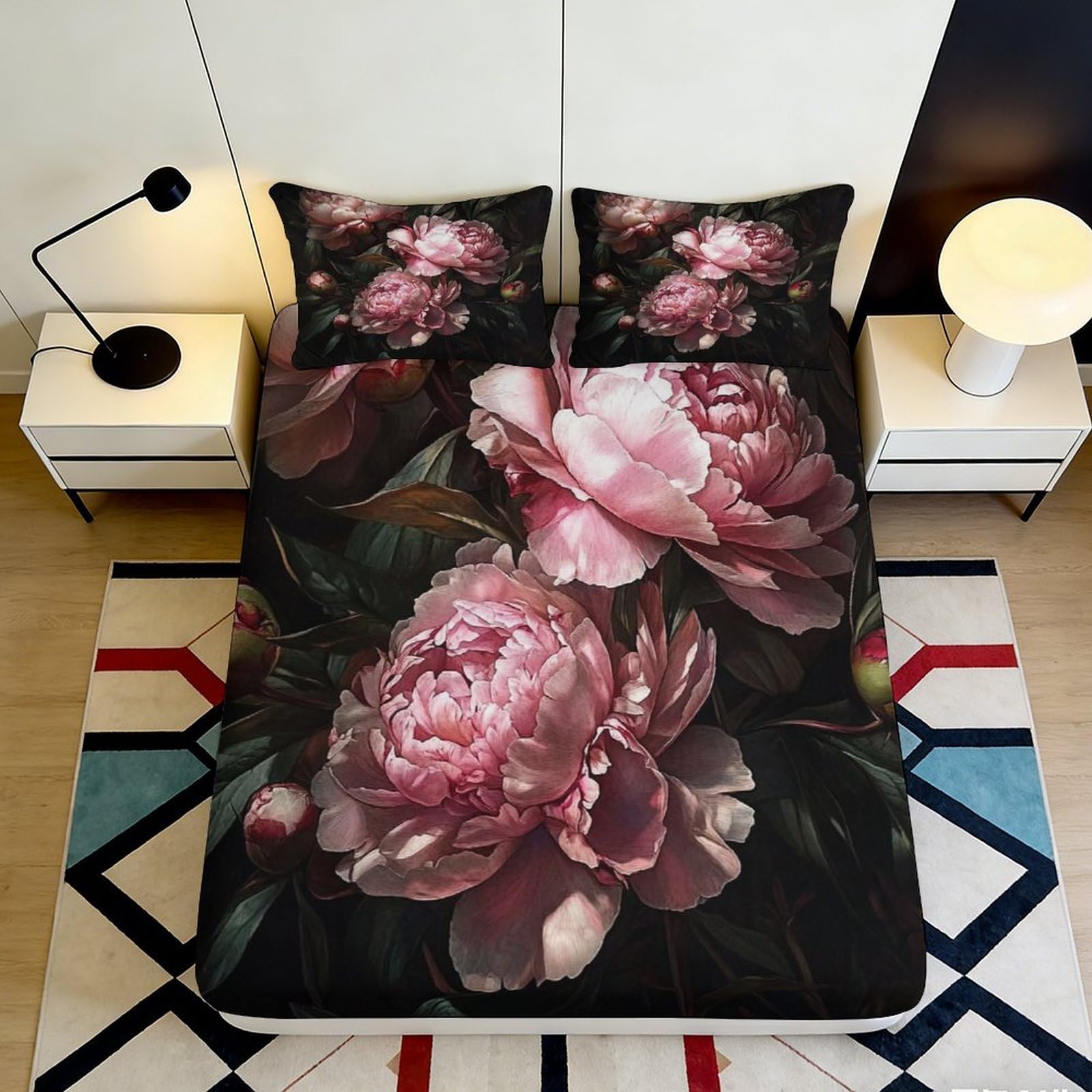 3D Printed Pink Peony Fitted Sheet Microfiber Floral Design Mattress Cover Breathable Soft Bedroom Dormitory Guest Room Decor Protection 200x200x25cm