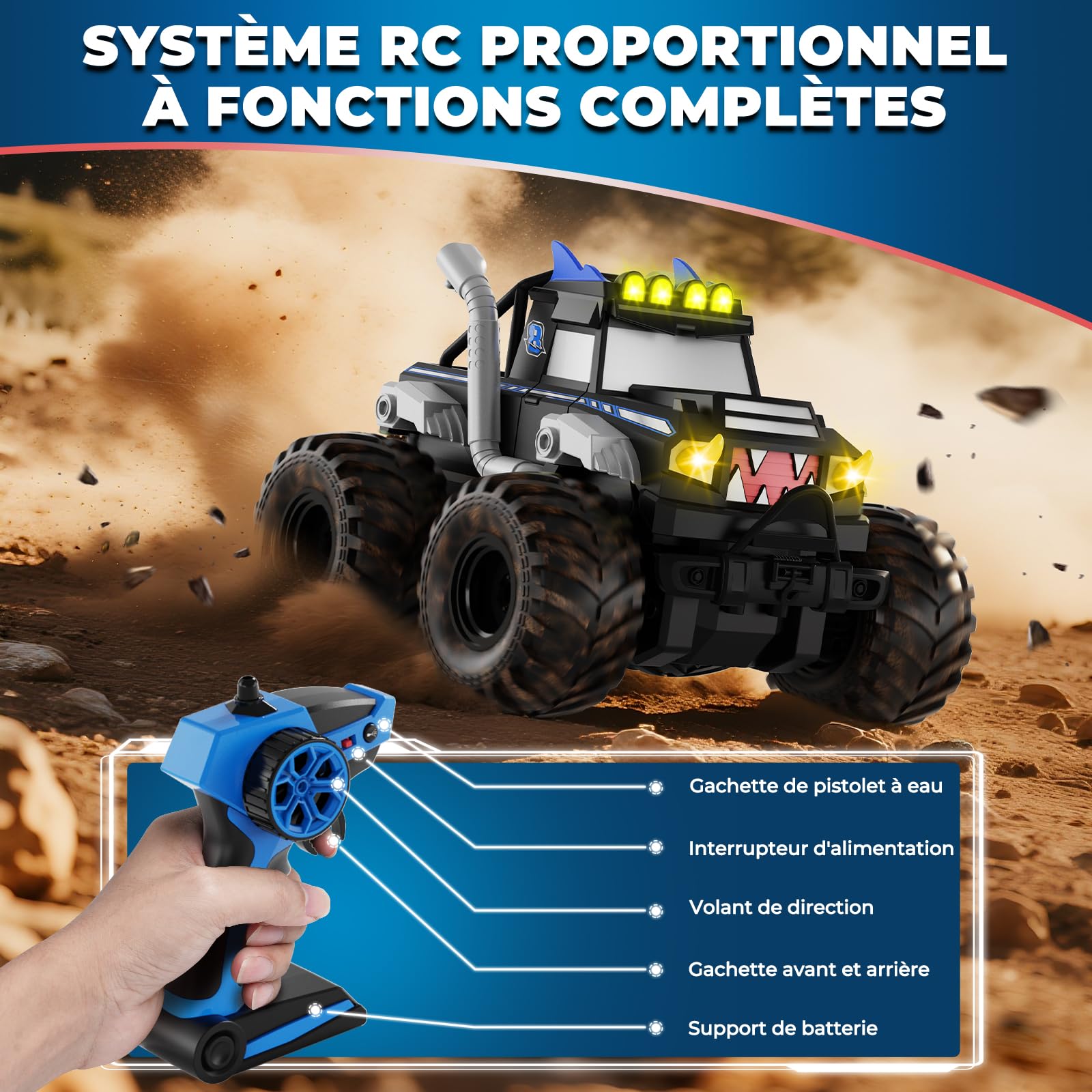 Voiture Télécommandée Tout Terrain Amphibie，2.4GHz Voiture Télécommandée Enfant, 4x4 télécommandée tout terrain, Monstertruck RC avec 360° Drift, Jouet Cadeau pour Garçon Fille 6 ans et plus (Bleu)
