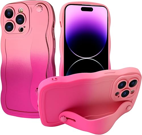 OOK Bonita funda con forma de marco ondulado rizado para iPhone 14 Pro Max con soporte de pulsera ajustable silicona suave a prueba de golpes,