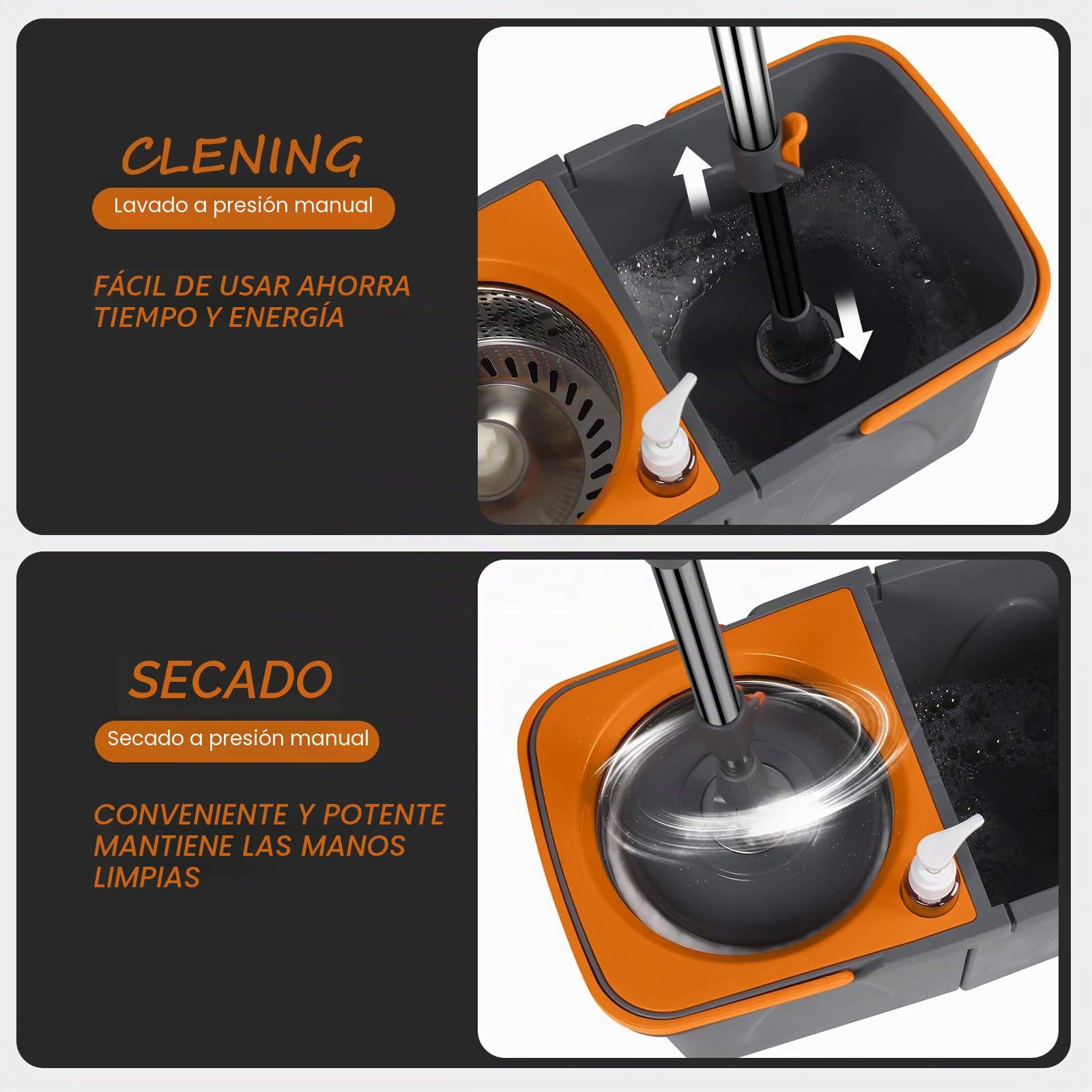Rainberg Juego de fregona giratoria y Cubo con 3 Cabezales adicionales, Mango Extensible de 130 cm, Cabezales de Microfibra Lavables a máquina, Sistema de autoescurrido, Gris y Naranja (Juego de