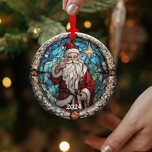Miniatura 10 de Adorno colgante redondo de acrílico de la Navidad, estilo de vidrieras para la decoración del árbol
