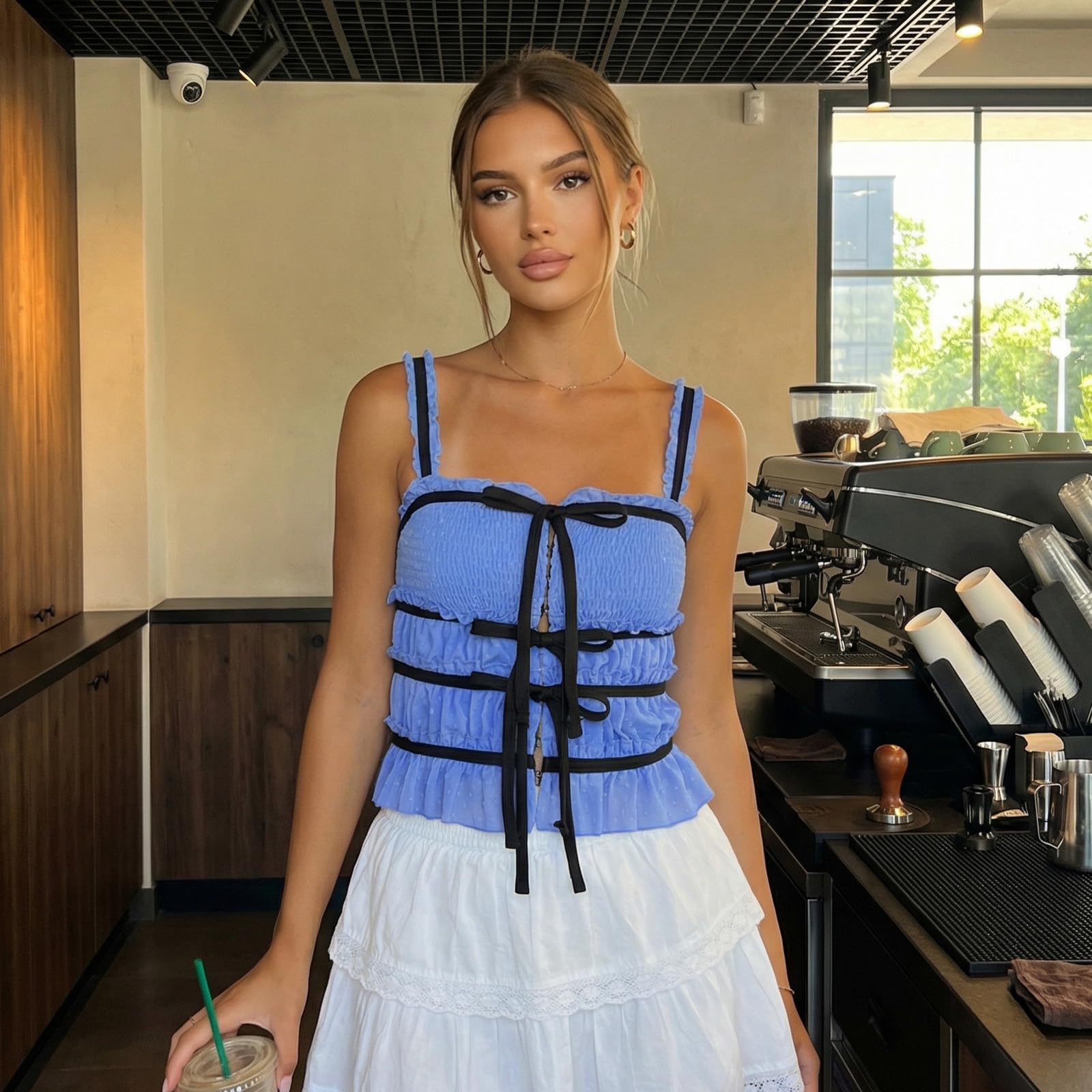 GXNRHG Canottiere Slim estive da Donna Tinta Unita con Cinturino per Spaghetti Papillon sul Davanti Canotte Smocked Canotte per Uscire Tops Streetwear