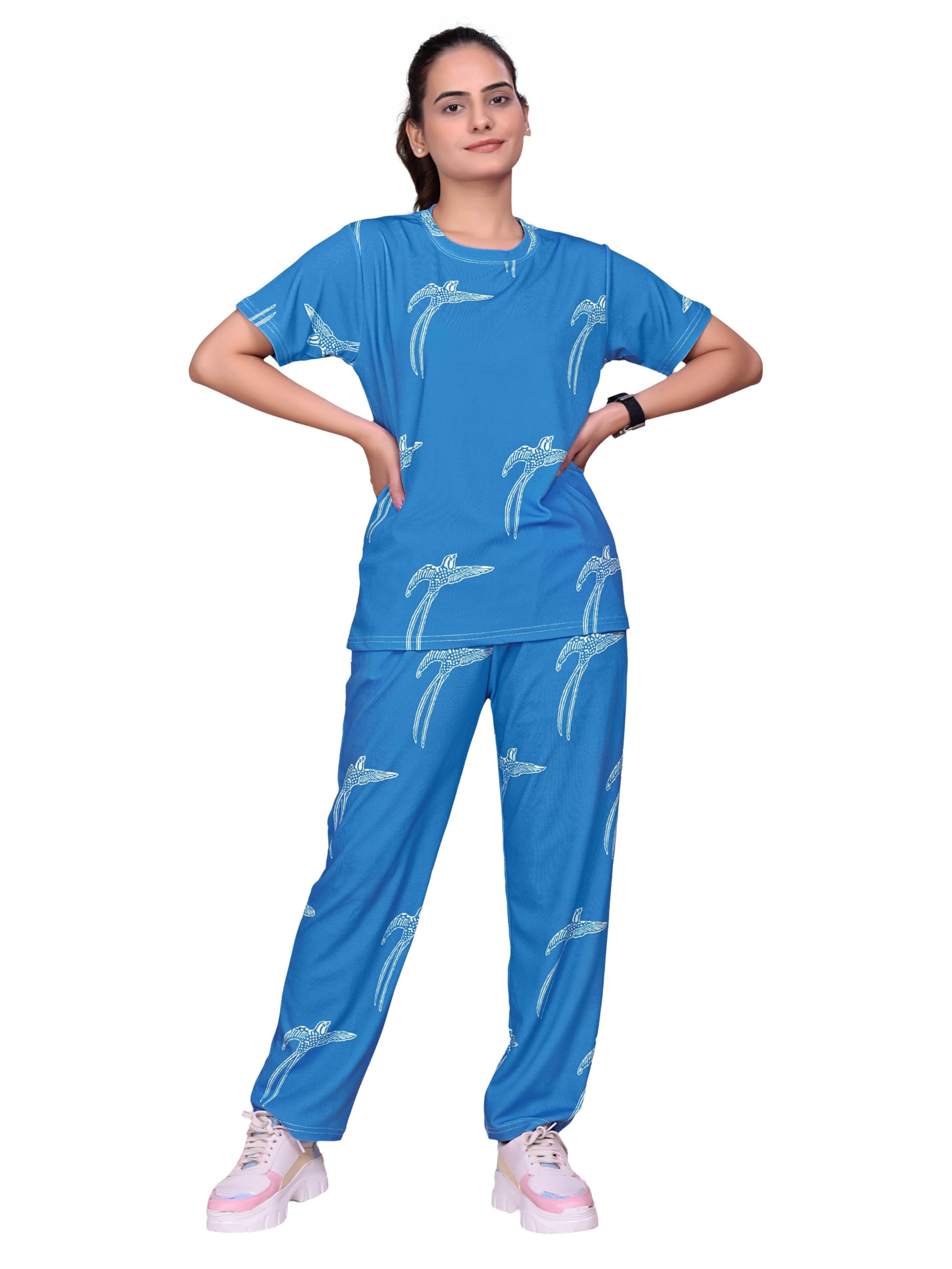 Women's Round Neck Pajamas Set in Polyester Lycra and Gym Outfit with Side Pockets and Drawstring Waist-image-35