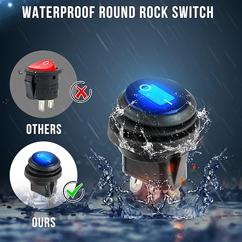 Miniatura 3 de Interruptor de palanca de 12 voltios, impermeable, 2 unidades, panel de interruptor basculante redondo con luz LED azul con 6 terminales de fusión