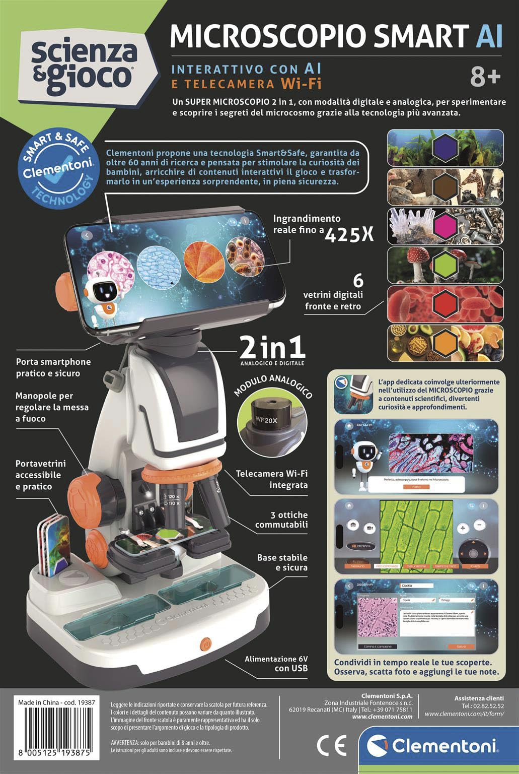 Clementoni Scienza e Gioco - Microscopio smart AI, Interattivo con Telecamera Wi-Fi, Super Microscopio con modalità Digitale e analogica, Bambini 8+ Anni, Lingua Italiana, 19387