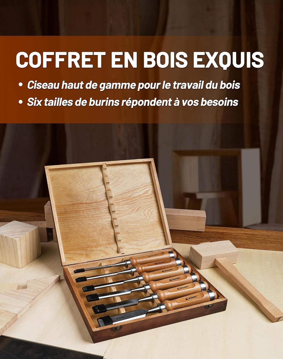 EZARC Ciseaux à bois Professionnels avec boîte de Rangement en bois (Jeu de 6 pièces)