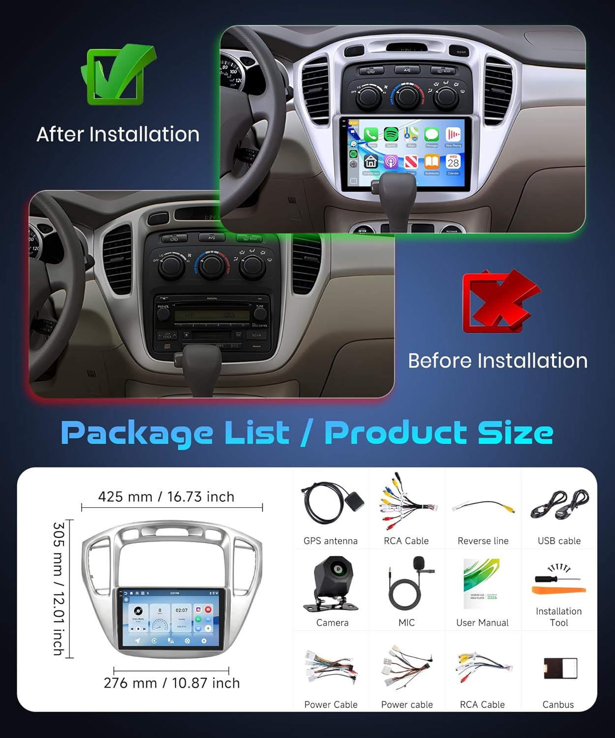 Rimoody 4G+64G Android 15 Car Stereo for Toyota Highlander 2000-2007 with Wireless Carplay Android Auto, 9'' in-Cell Screen Car Radio with GPS/Bluetooth 5.0/FM RDS/EQ/5G-Wi-Fi Backup Camera SWC