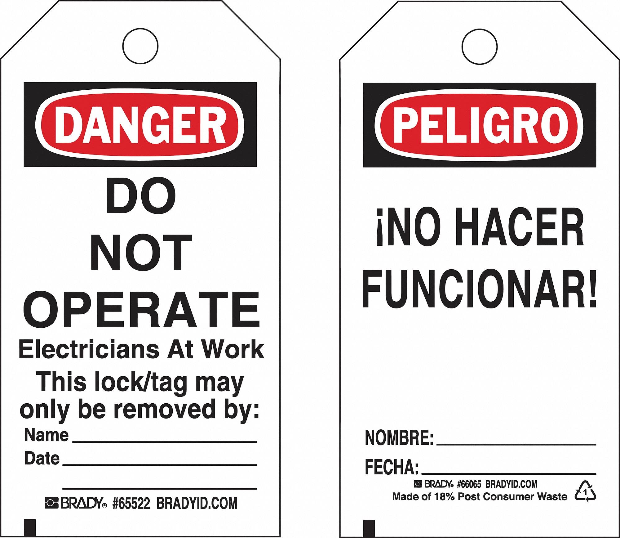 Brady - 133550 - Lockout Tag, Paper, Do Not Operate Electricians at Work, 5 3/4 in x 3 in, 1 EA