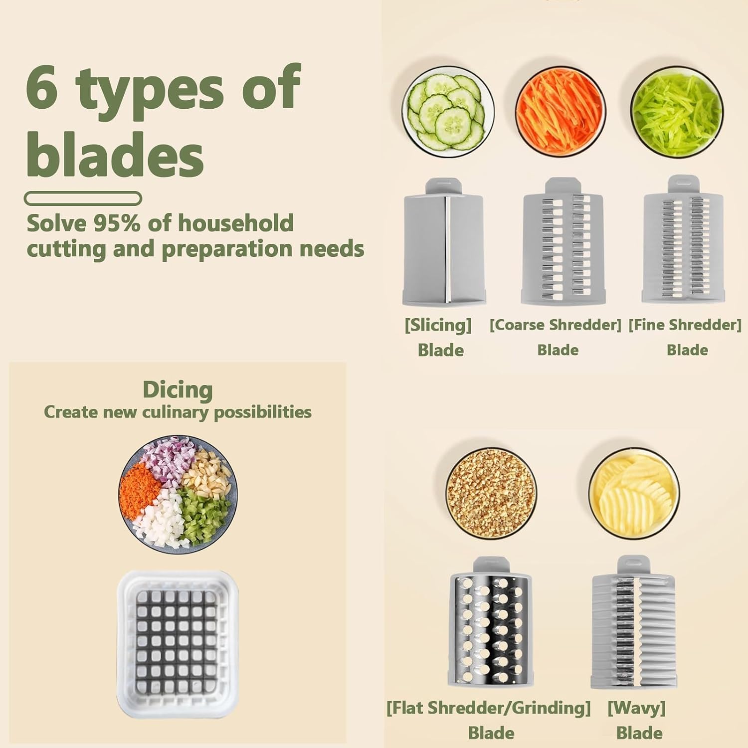 6-in-1 Cheese Grater Hand Crank,Vegetable and Cheese Shredder with Suction Base Rotary Cheeses Grater with Interchangeable Blades for Carrot/Cabbage/Cucumber(White)