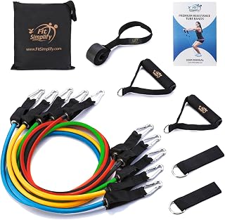 FitSimplify Resistance Tube Bands Set - 12 Piece Kit with Handles, Ankle Straps, Door Anchor for Full Body Home Workouts