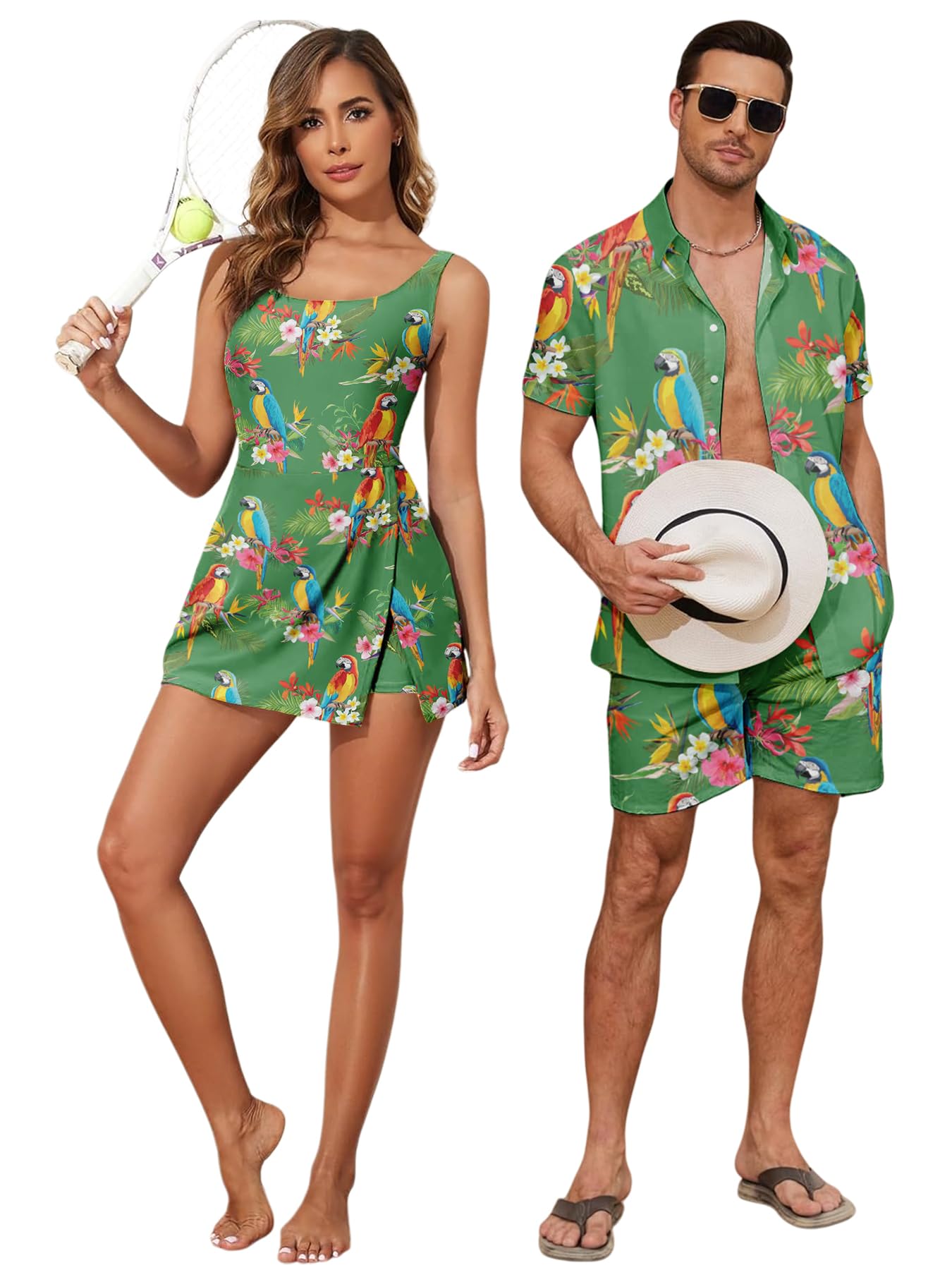 Matching Hawaiian Outfits Beach Vacation for Couples Tropical Print Women One Piece Swimwear or Men Shirt Suit