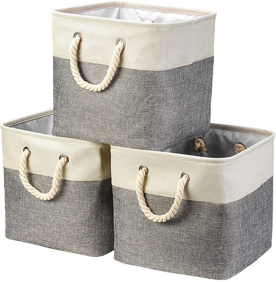 i BKGOO 3Pack Large Foldable Storage Bins，Collapsible Sturdy Cationic Fabric Organizing Storage Basket Cube with Cotton Handles for Home Office Shelf Clothes Toys Beige-Grey (13"×13"×13")