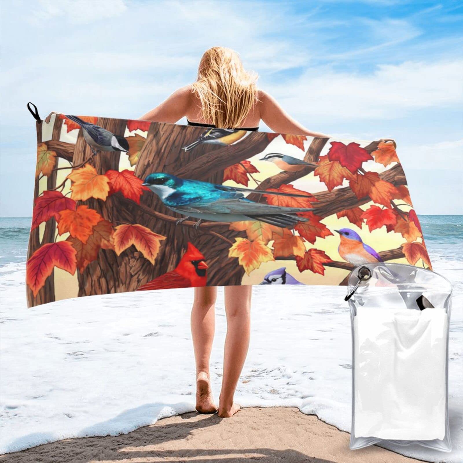 Lawenp Fall Cardinal Birds and Maple Leaves Microfiber Beach Towel Adults Large Quick Drying Bath Towel Travel Towels with Pouch 27.5"x55"