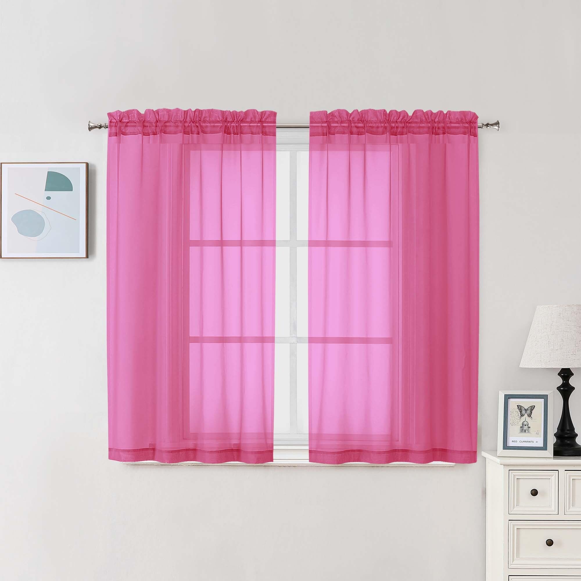 Chyhomenyc Sheer Curtains 54 Inch Long 2 Panels Set, Light Filtering Short Soft Airy Short Cafe Curtains, Modern Rod Pocket for Dinning Living Room Bedroom, Each 42Wx54L in, 2PCS, Hot Pink