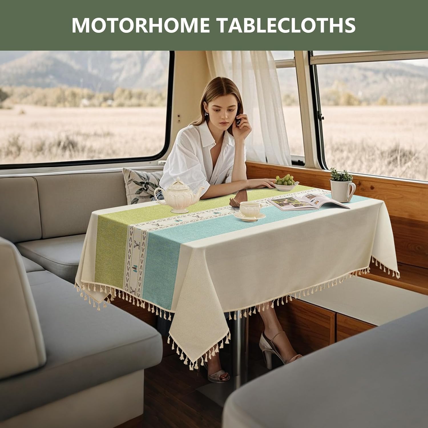 UNBBRRL RV Dinette Tablecloth Waterproof, Dinette Table Covers for RV Camper, Tablecloths for Rectangle Tables with Tassel, Dining Table Cloth with 6 Clips (Runner 4,34" x 47")