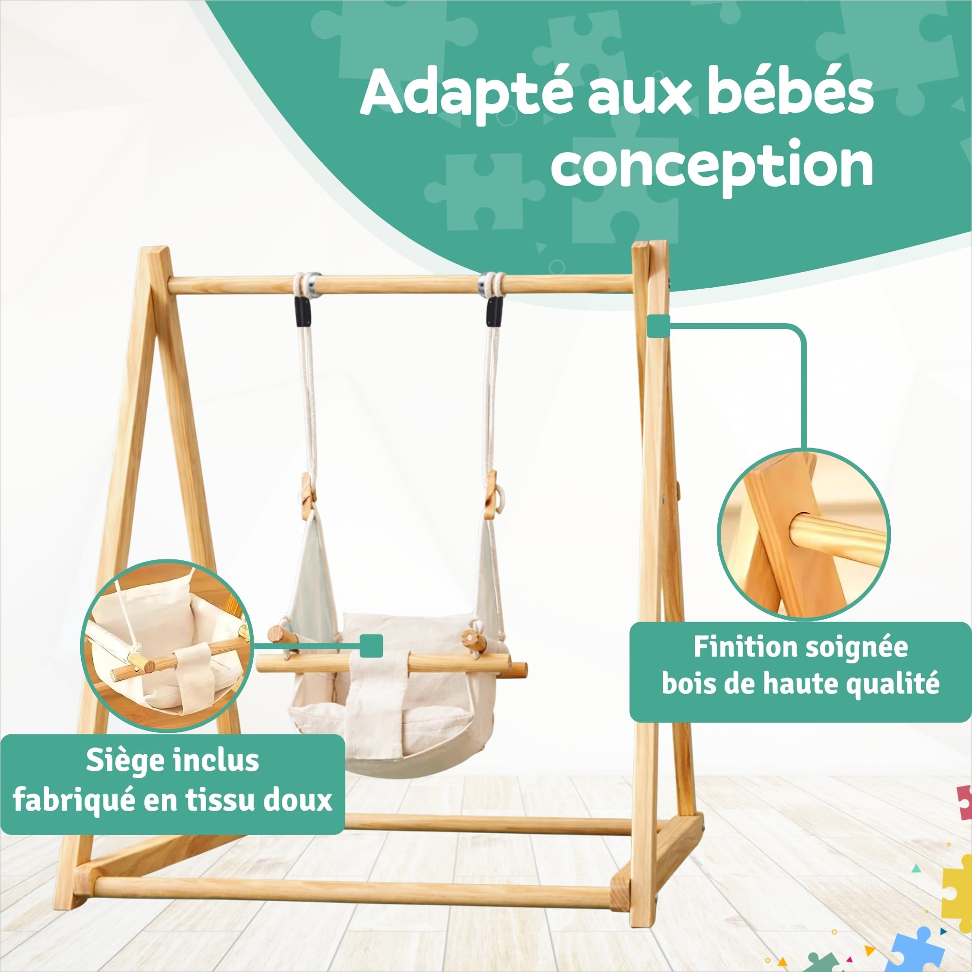 Balançoire en Bois pour bébé avec siège à Bascule Pliable, balancelle évolutive et Chaise à Bascule Enfant, Baby Swing en Bois Naturel Stable et sûr, Jouet bébé pour intérieur et extérieur sécurisé