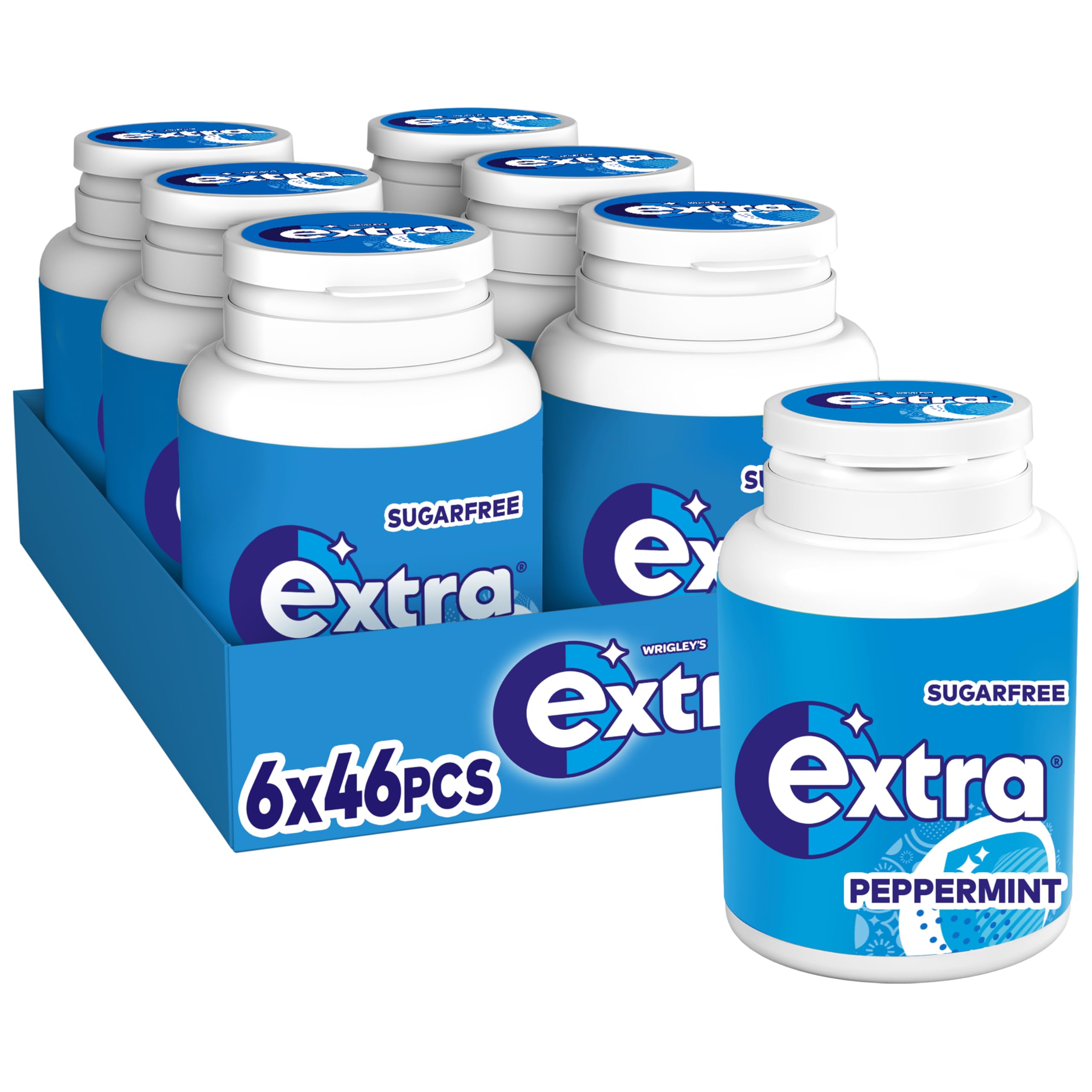 Wrigley's Extra Chewing Gum, Peppermint Flavour, 6 Bottles of 46 Pieces, Sugar Free Chewing Gum Bulk Pack with Xylitol (276 pieces)
