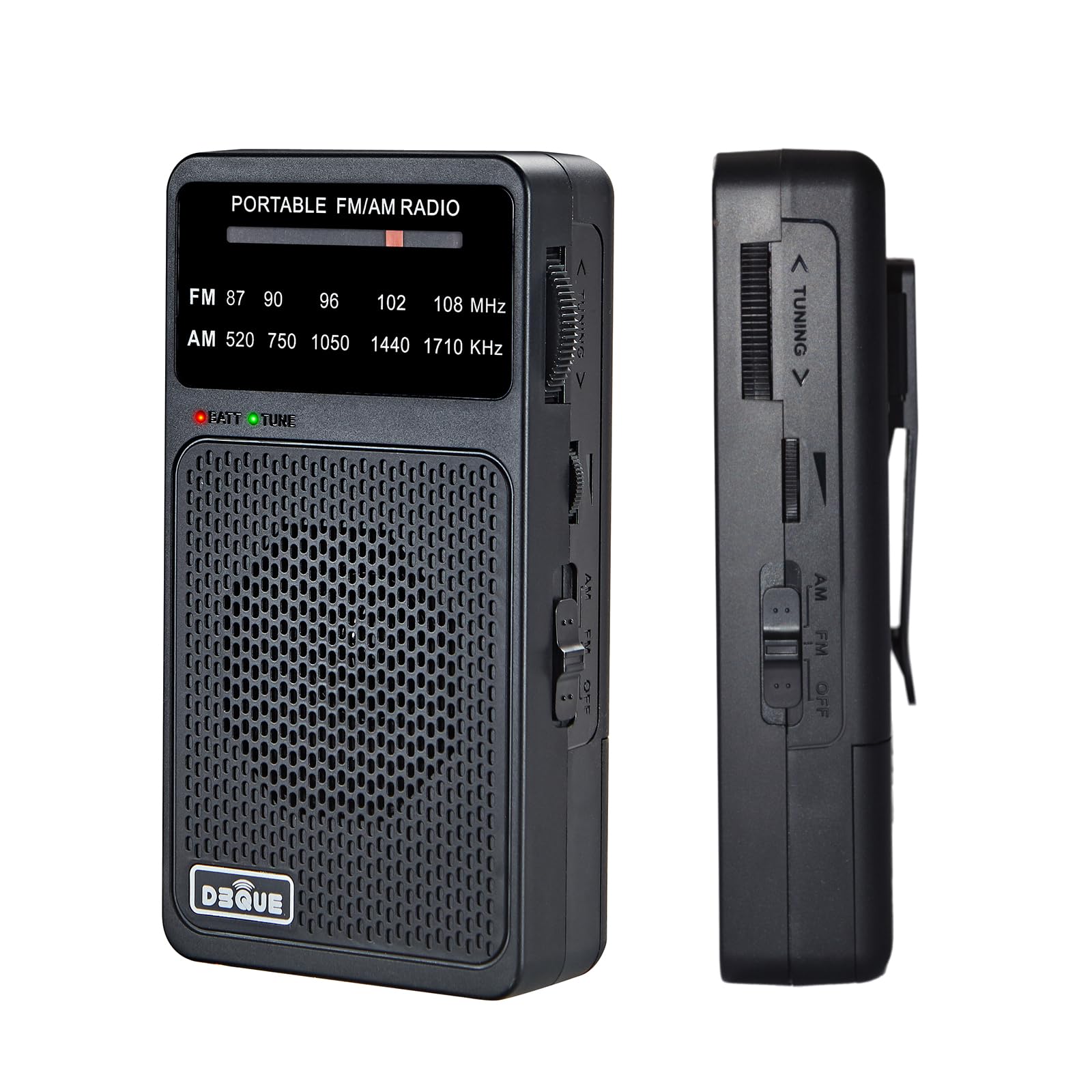 Radio portátil AM FM, radio a pilas con luz de sintonización, clip trasero, excelente recepción, radios AM FM portátiles, radios transistores (negro)