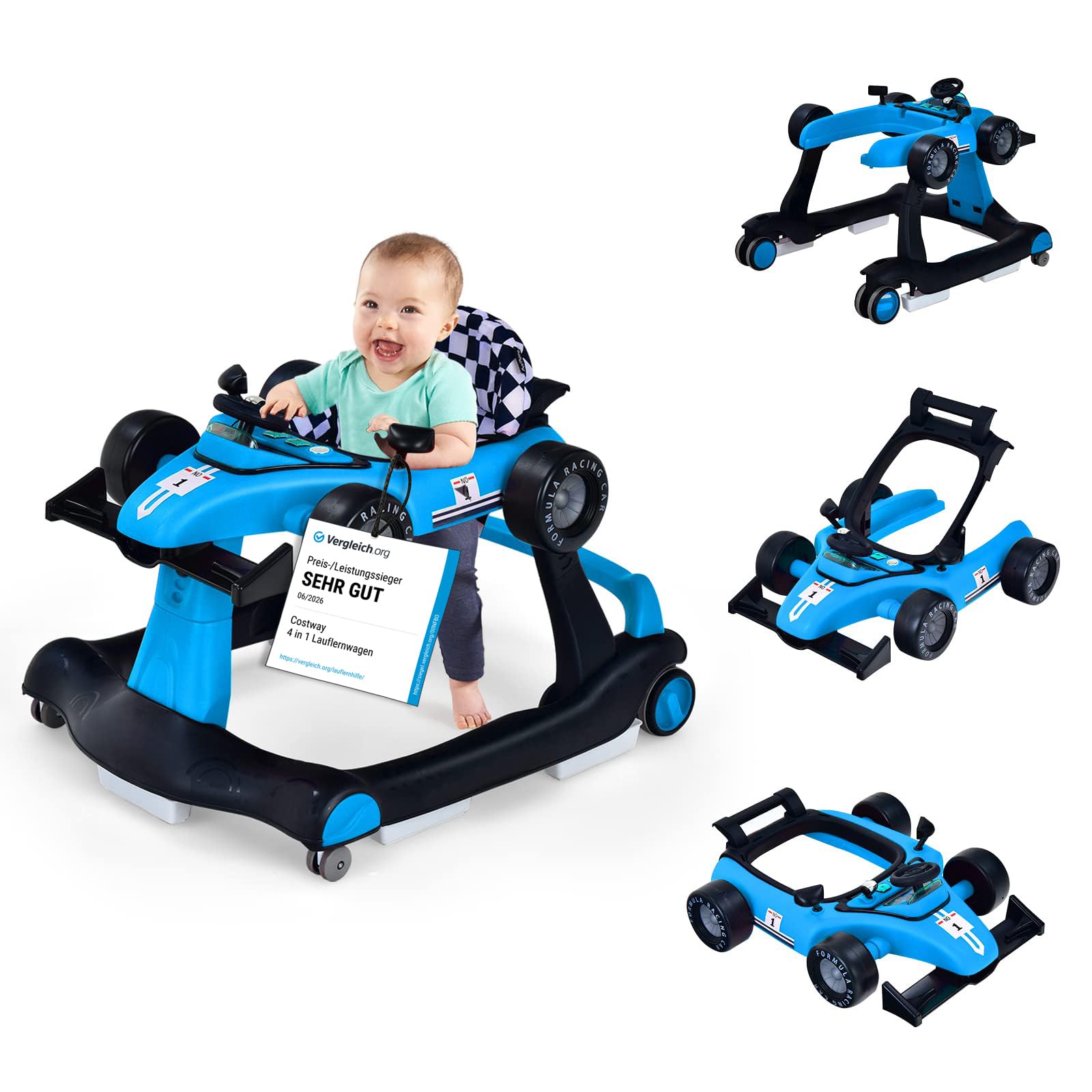 COSTWAY 4 in 1 Lauflernhilfe, Lauflernwagen klappbar mit einstellbarer Höhe & Geschwindigkeit, Baby Walker Autoförmig mit Musikbox, Licht & Rädern, Gehfrei Baby ab 6 Monaten, 12kg Belastbar (Blau)
