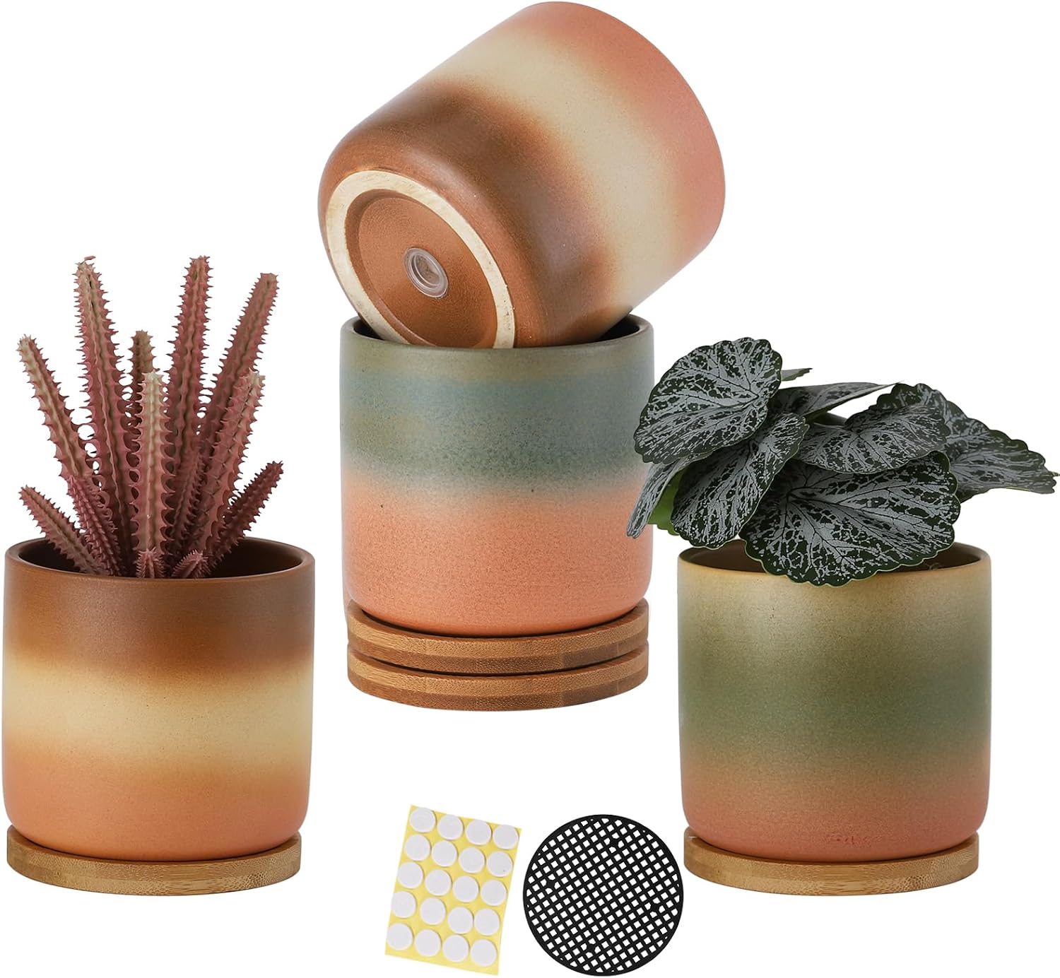 TAMAYKIM 4 Inch Cylinder Ceramic Plant Pots with Drainage Hole and Saucers, Small Glazed Gradient Colors Flower Pot with Trays for Indoor Planter, Succulent, Cactus and Herbs, Set of 4