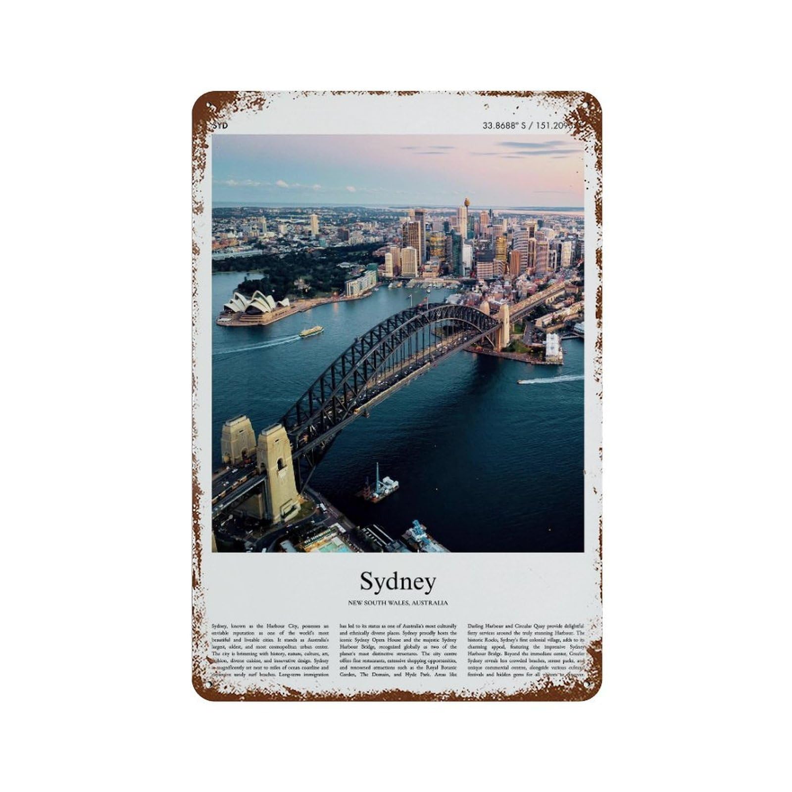 xiaoxiaoshen Sydney New South Wales, Australia City Scenery Wall Decor Art Metal Tin Poster Modern Home Decor Art Home Bar Shop Decorations Vintage Sign 30x20cm