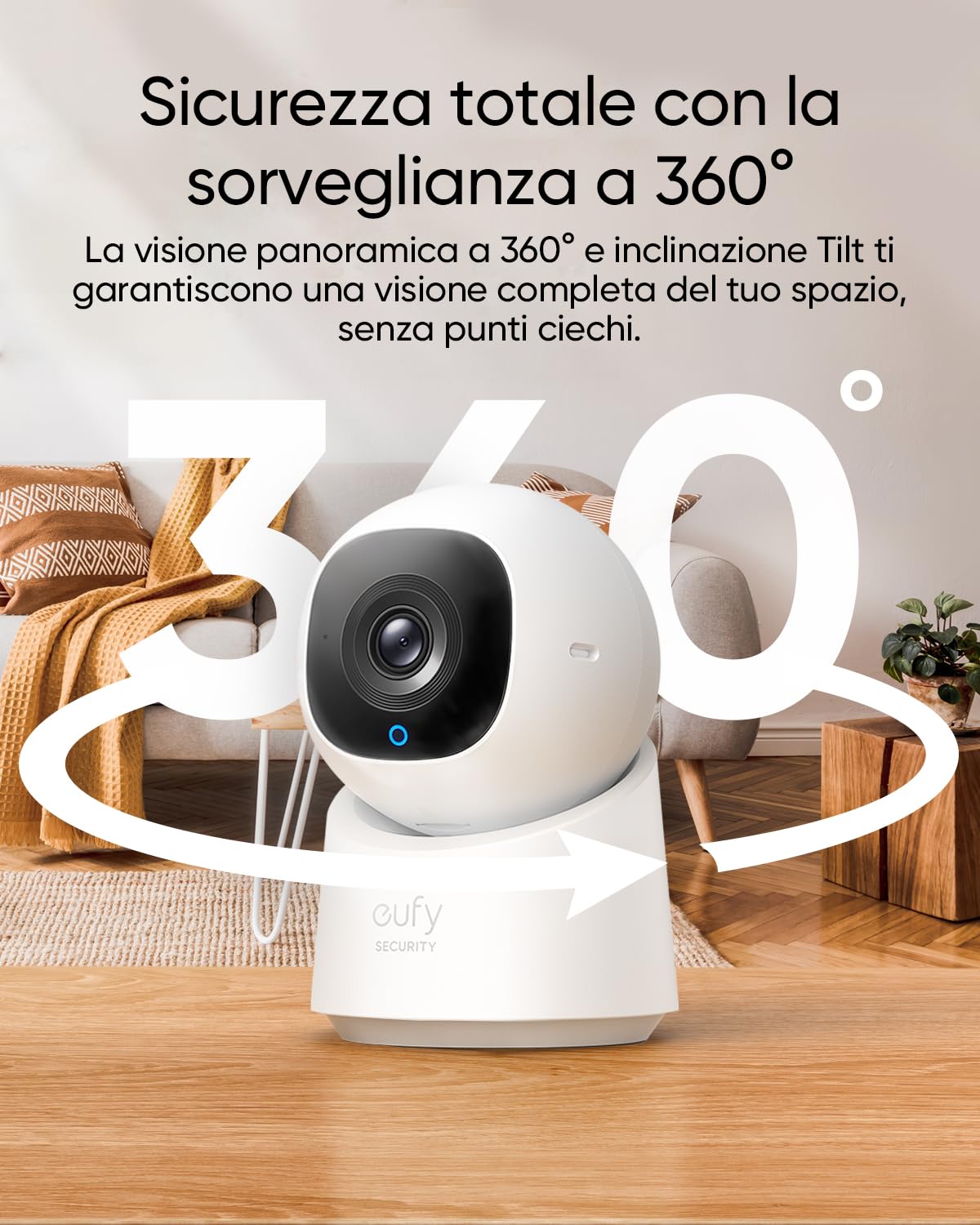 eufy Security telecamera wifi interno C220 (Cablata), 2K, 360° videocamera sorveglianza interno wifi, rilevamento IA, Visione Notturna, Alexa, per baby monitor/animali domestici/sorveglianza domestica