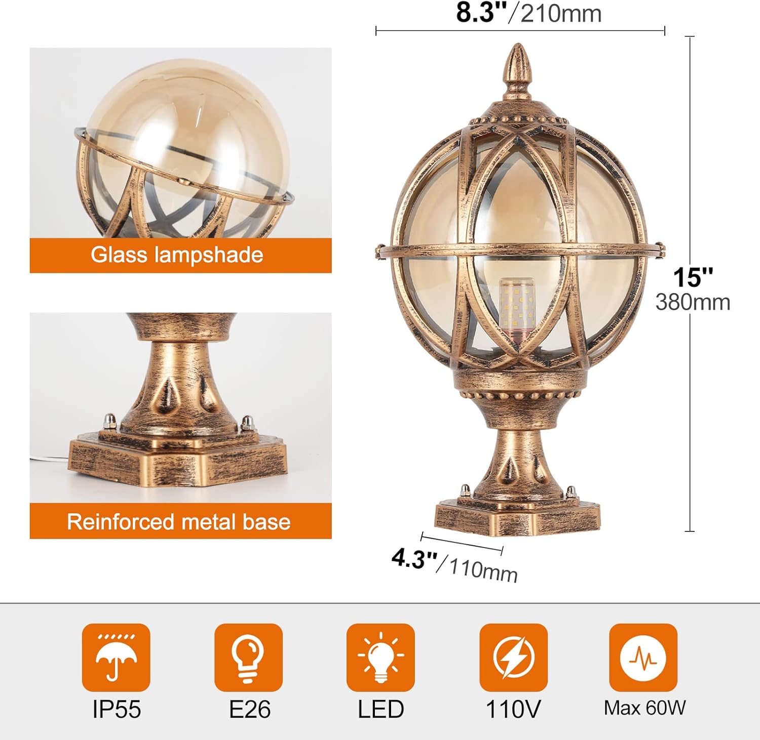 Outdoor Post Light Fixture, E26 Base 60W Max Column Lights with Bronze Aluminum Housing Plus Amber Glass IP55 Waterproof Exterior Pillar Lantern for Driveway Yard Lawn Patio Garden
