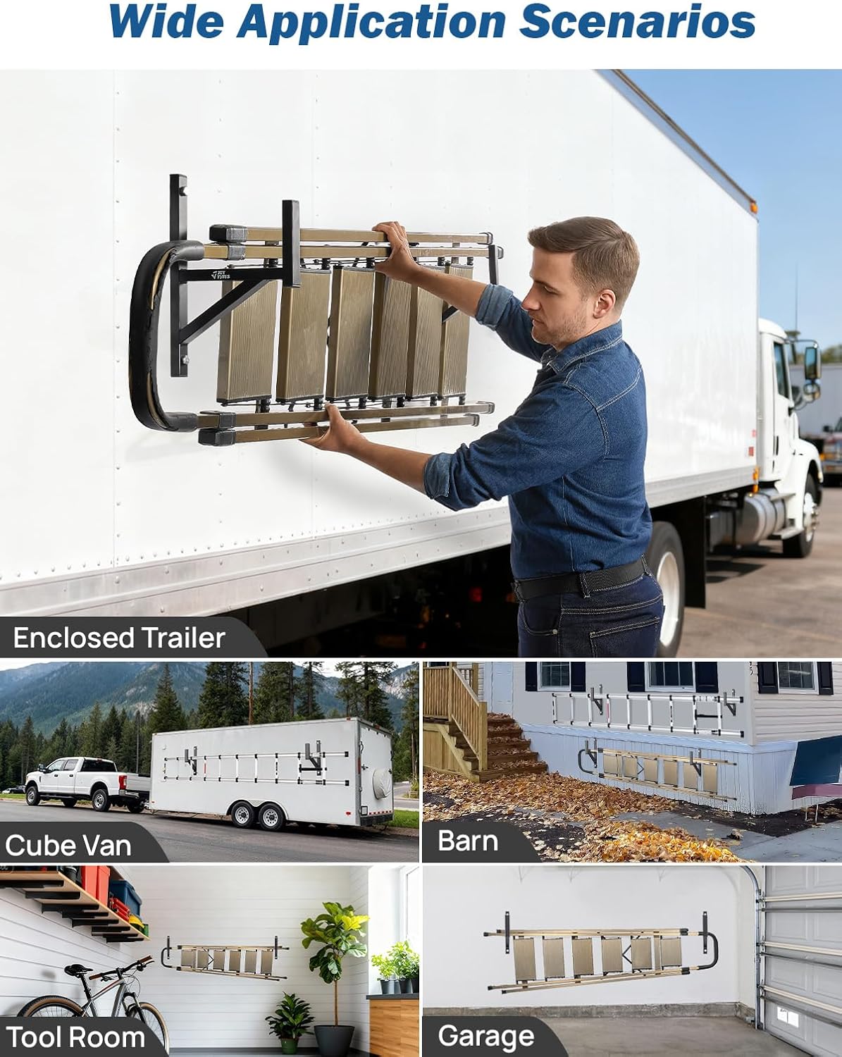 Joytutus Heavy Duty Steel Trailer Ladder Rack, 4 Racks Side Mount with Bungee Cords, 353LB Capacity for Enclosed and Open Trailer, Vans, Trucks, Garages Side Wall