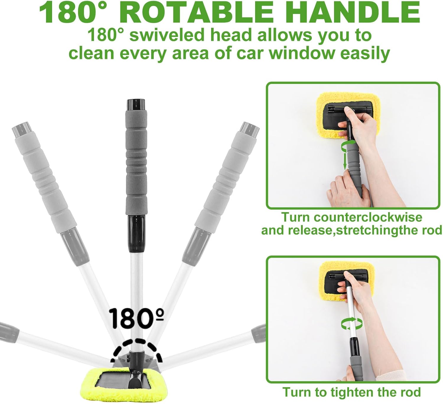 12pcs Square Windshield Cleaner Tool Kit - 2 Extendable Poles with 6 Reusable Microfiber Pads, 3 Spray Bottles & Detail Brush for Car/SUV/RV Windows, Home Glass & Mirrors Cleaning (Green)