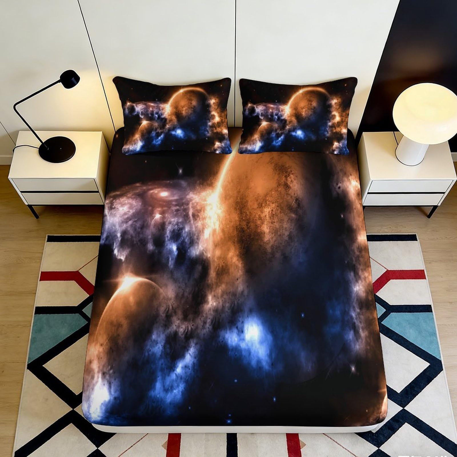 3D Printed Galaxy Starry Sky Fitted Sheet Microfiber Soft Cosmic Nebula Mattress Cover for Bedroom Dorm Room Decor 140x200x25cm