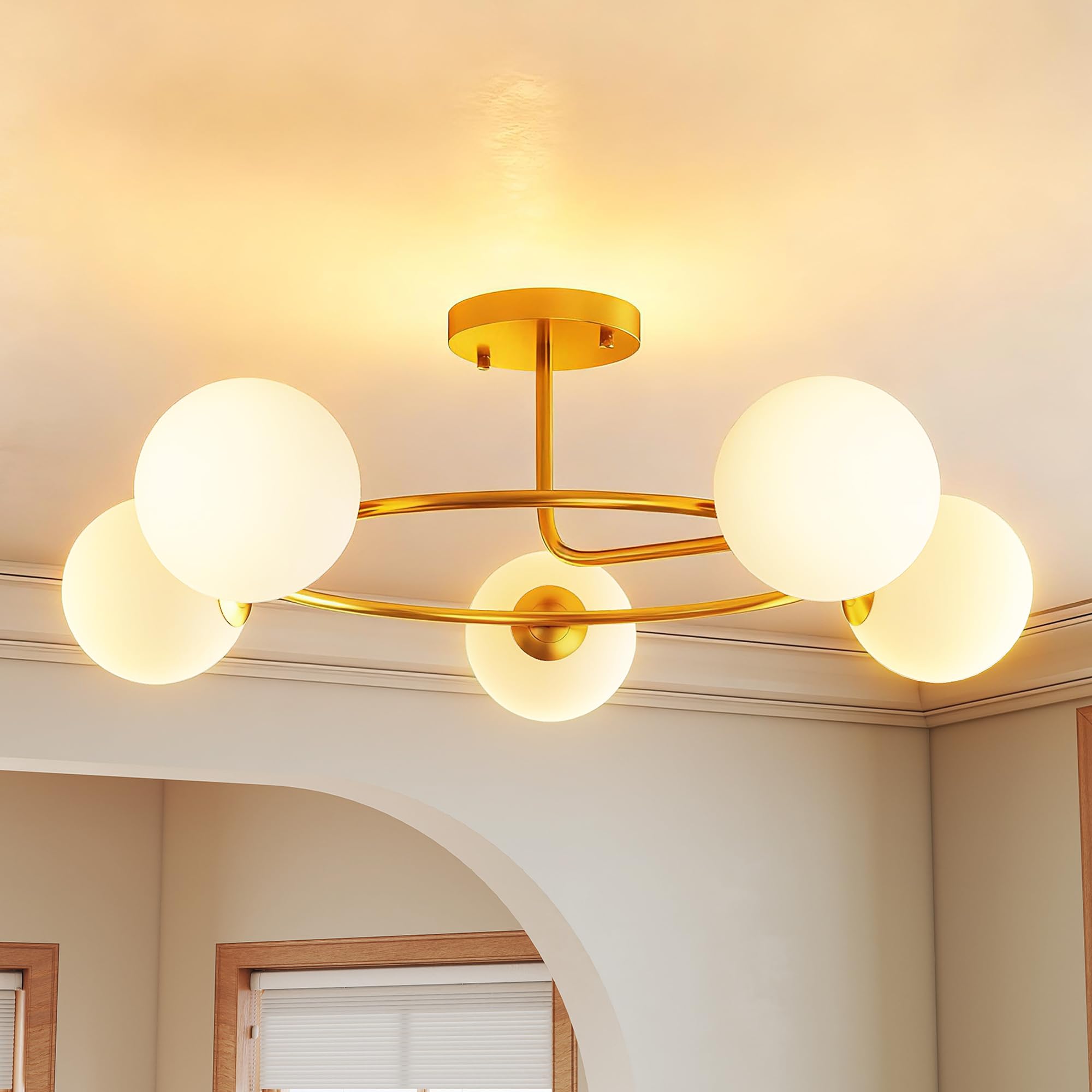 HOMCOM Plafonnier LED 20W 5 Culots G9 Lampe de Plafond Moderne Doré Blanc | Luminaire Plafonnier, à Montage Semi-Affleurant, pour Salon, Couloir, Salle à Manger, Cuisine, Ampoules Non Incluses