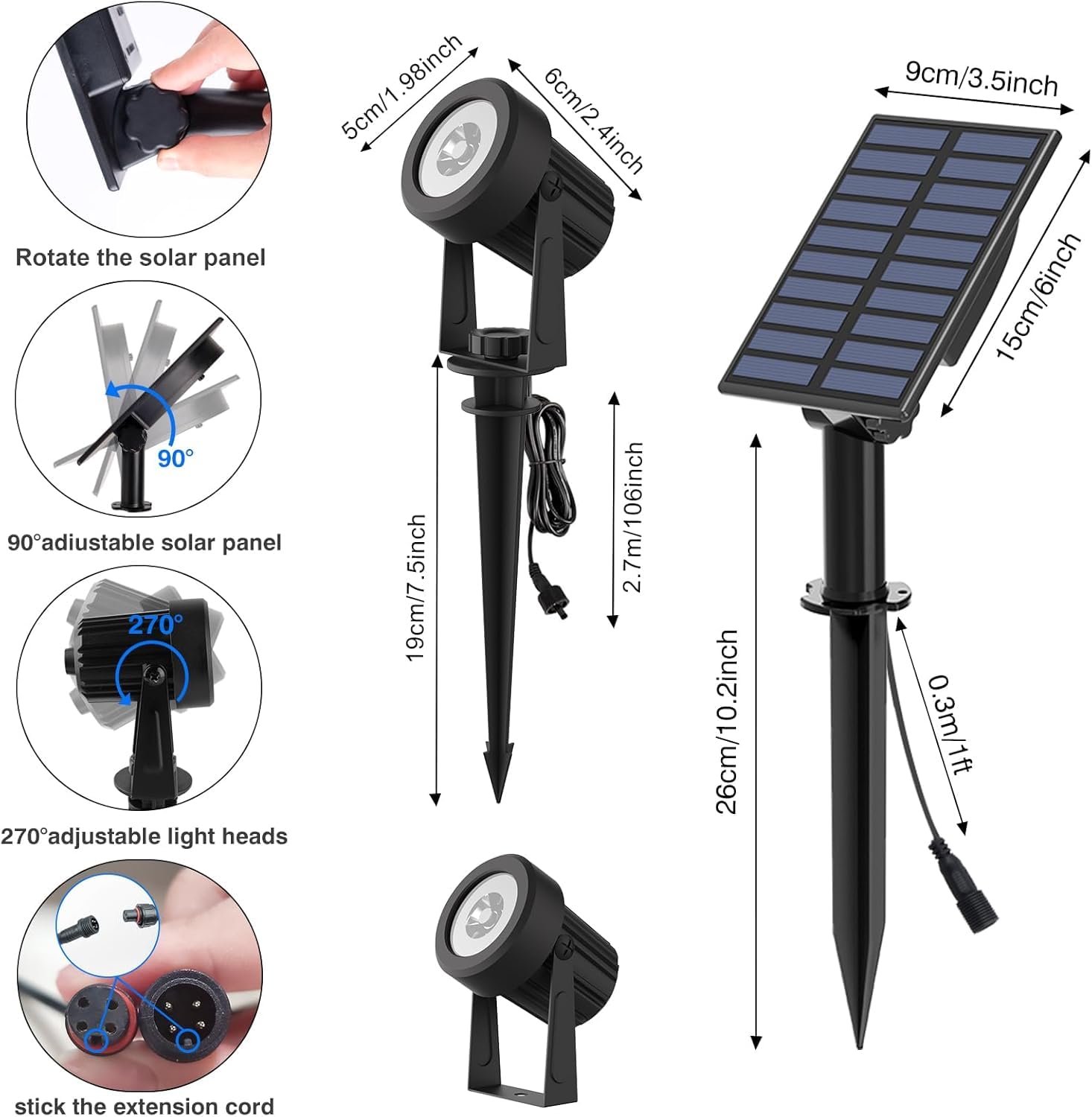 T-SUNUS Faretti Solari Esterno, Luci Solari Esterno Giardino IP65 impermeabile 3 Livelli di Luminosità, Lampioncini per Cortile Vialetto Alberi Bianco Freddo