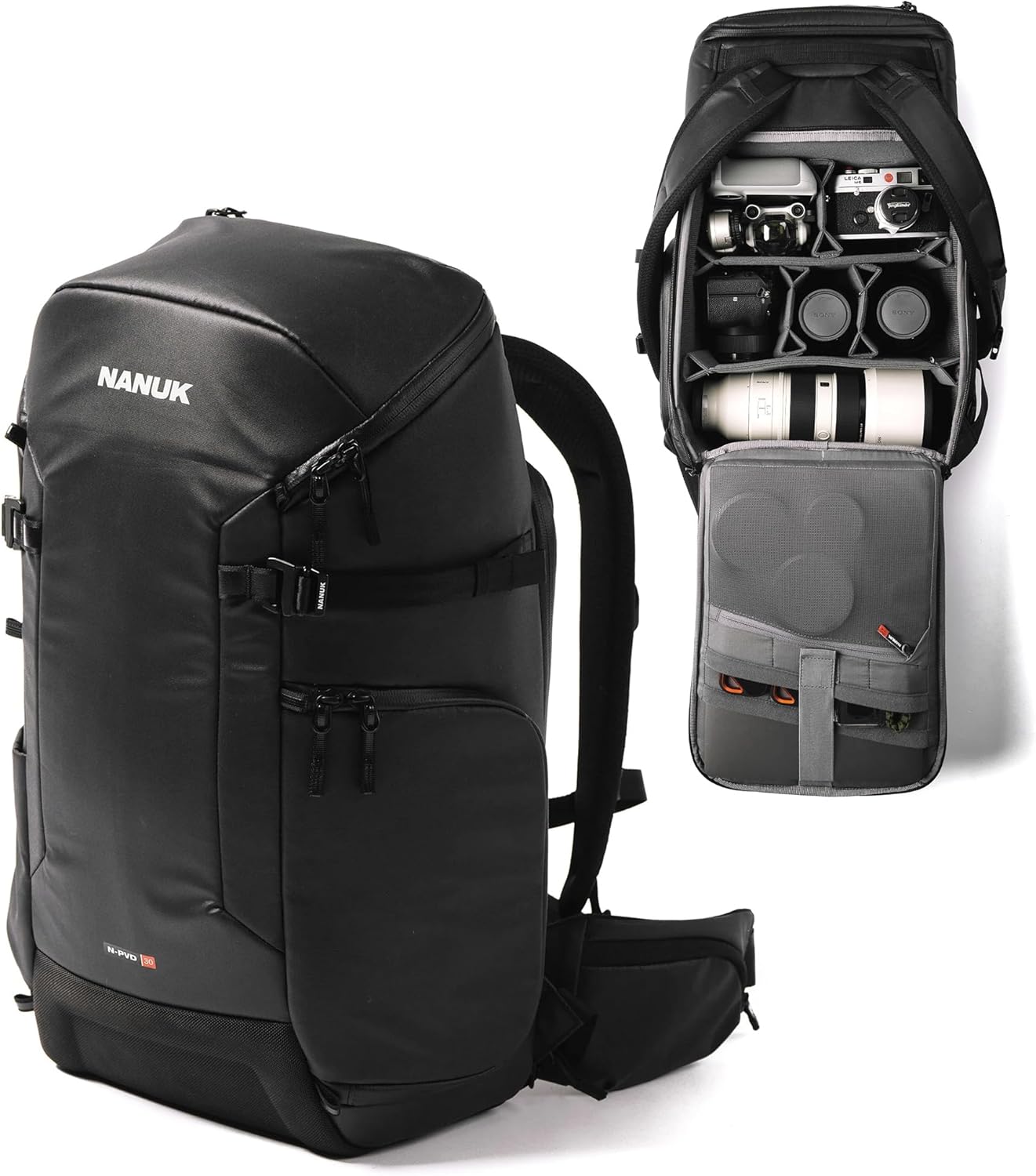 NANUK N-PVD 30L Camera Backpack – Water-Repellent with Rain Cover, Fits 2 Cameras, Drone, Tripod & 16" Laptop Compartment, Carry-On Approved – For Photographers, Travel & Hiking – Black