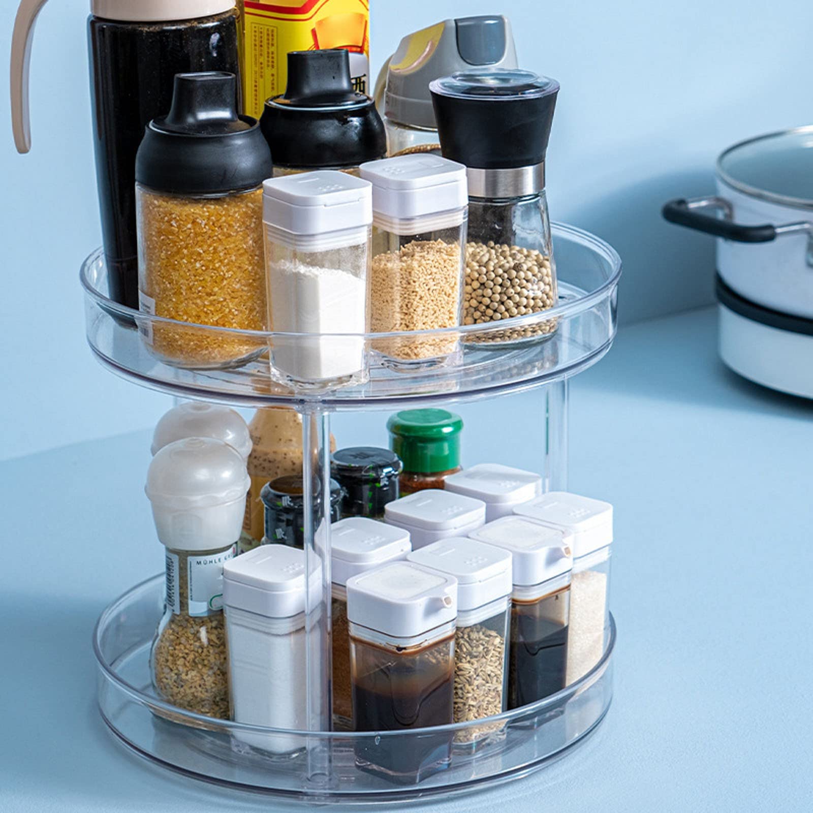 Bandeja giratoria de plástico de 2 niveles para tocadiscos, organizador giratorio para baño, encimeras, debajo del fregadero, armarios, aparadores, transparente 061311