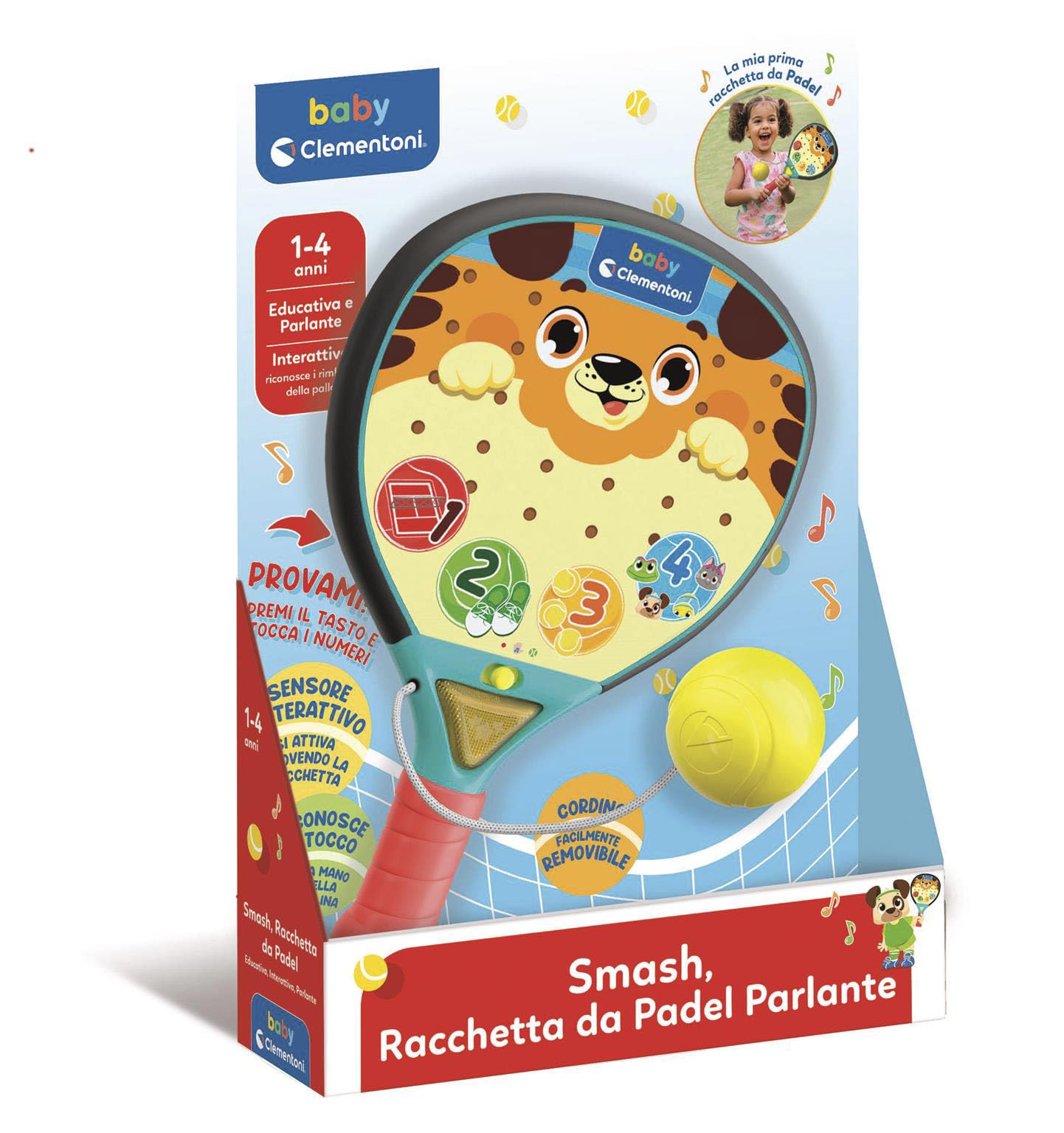 Clementoni Baby - Smash Racchetta da Padel parlante, Racchetta Educativa, Interattiva e Parlante, per Bambini tra 1 e 4 Anni, Stimola Lo Sviluppo Sensoriale e Cognitivo, 17548
