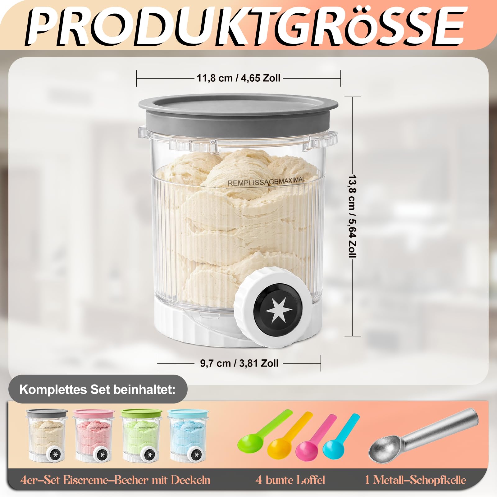 4 Stück Behälter für Ninja Swirl by CREAMi Softeis- & Eismaschine, Swirl Pints und Deckel kompatibel mit Ninja NC700 NC701EU Serie, BPA-frei & Spülmaschinenfest, 1 Metallschaufel und 4 Löffel