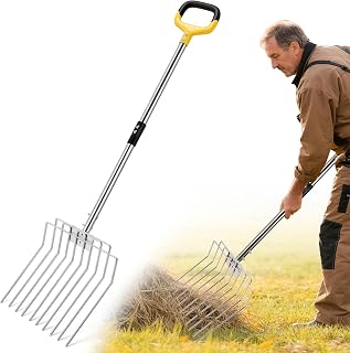 AugFir 50" Stainless Steel 10-Tine Garden Pitchfork - Heavy-Duty for Shoveling, Compost Turning, Mulching & Transplanting